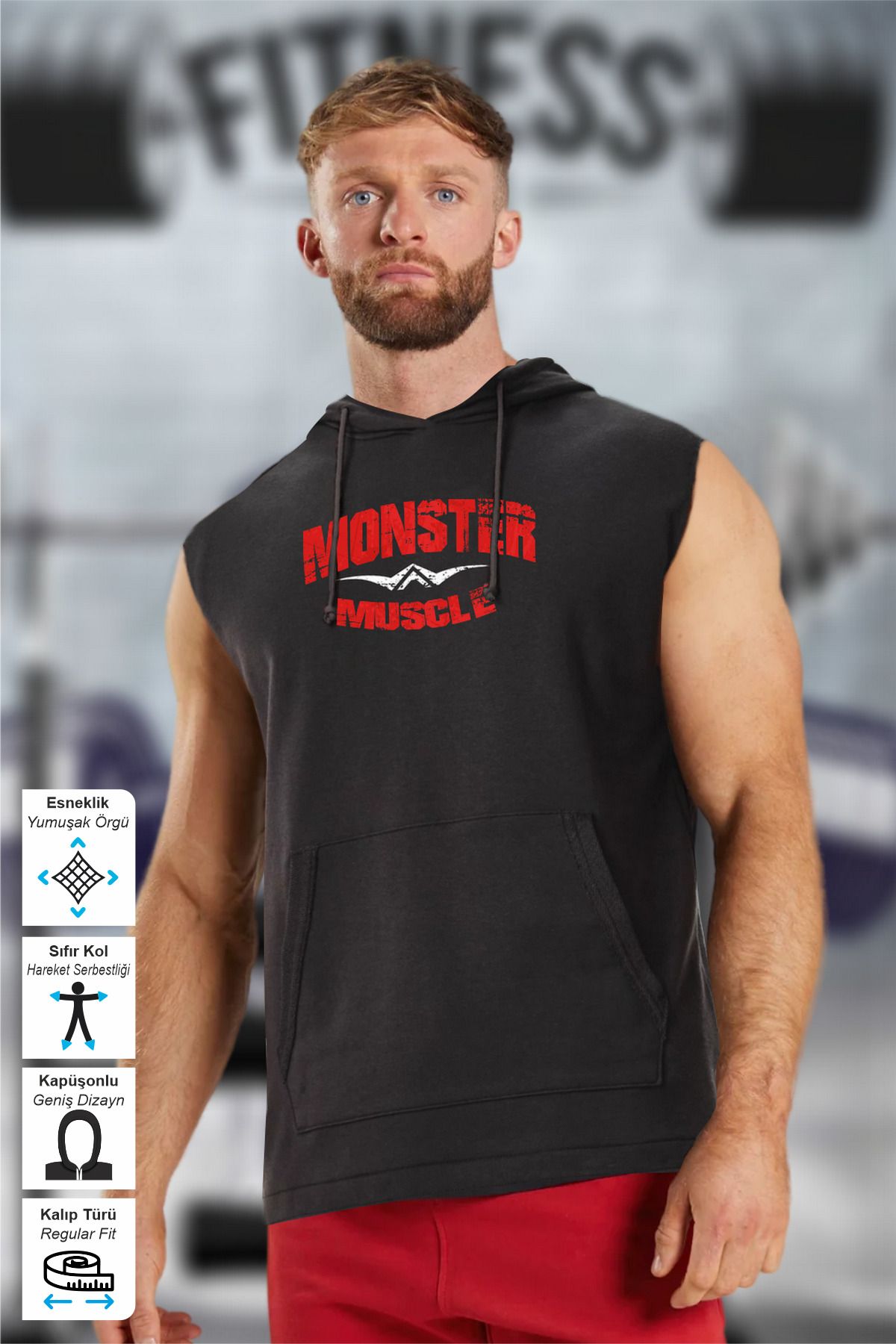 BESSA Erkek Monster Muscle Baskılı Kapüşonlu Kolsuz T-shirt/atlet