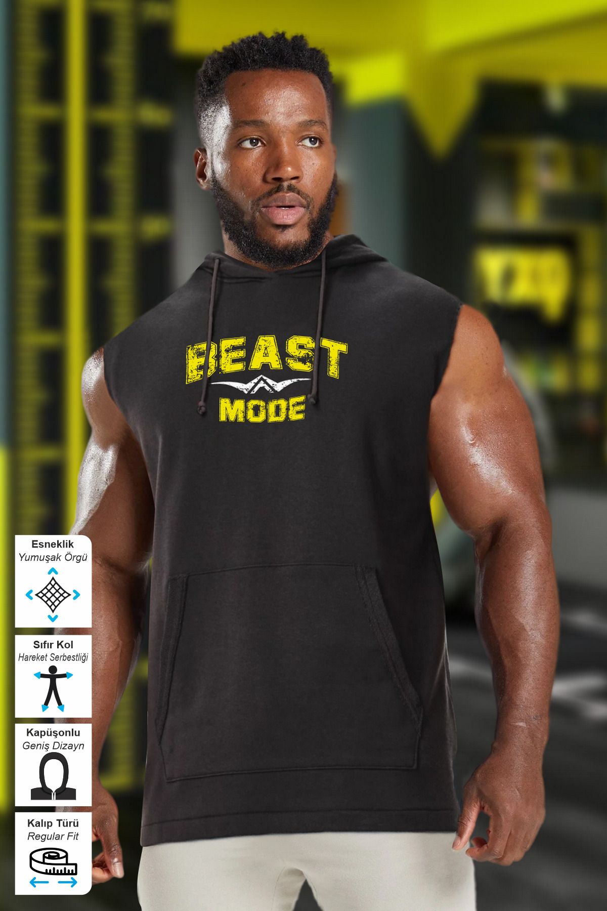 BESSA Erkek Beast Mode Baskılı Kapüşonlu Kolsuz T-shirt/atlet