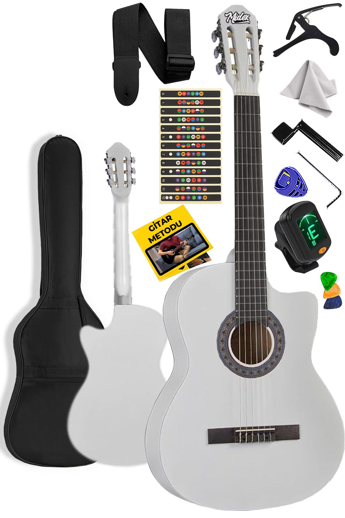 Midex Cg-395wh Beyaz Renk Kesik Klasik Gitar 4/4 Yetişkin Boy Sap Ayarlı Full Set