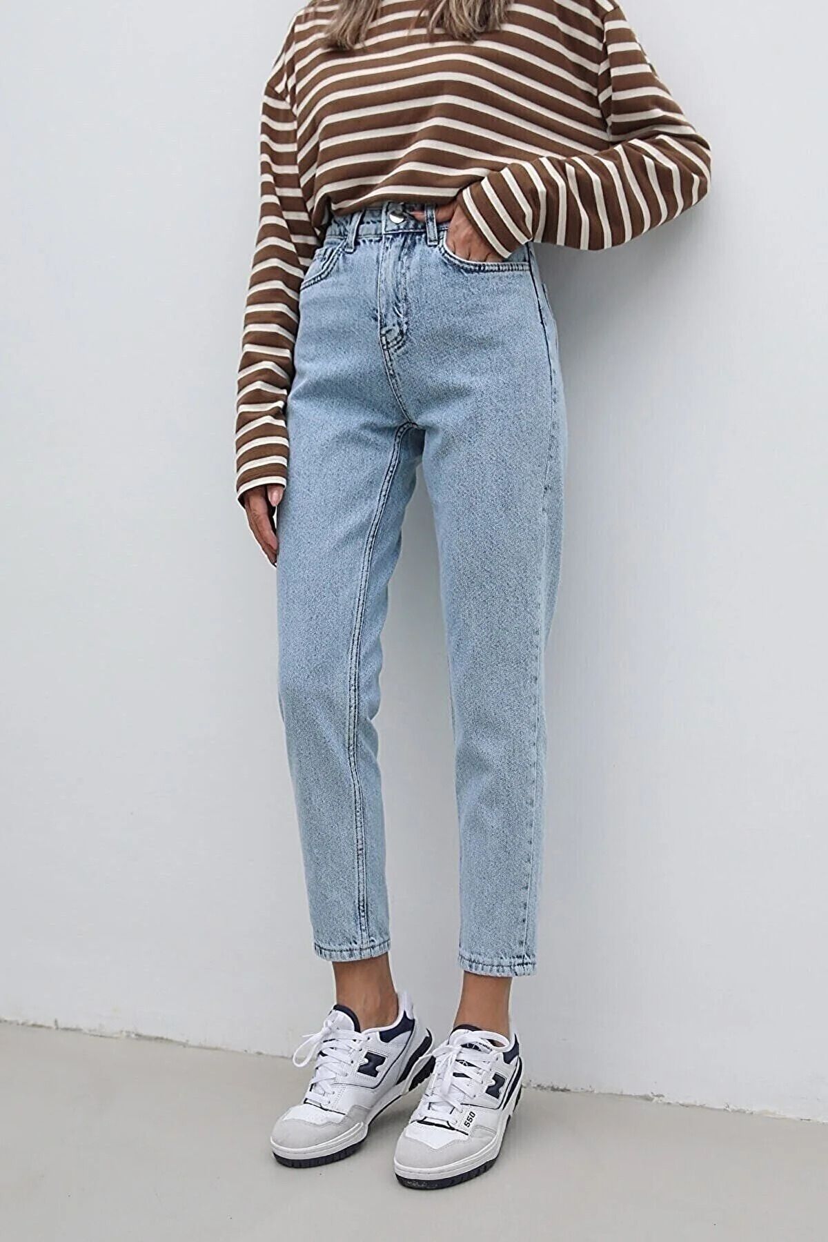MAKRAS EXCLUSIVE Julia Jeans Kadın Mavi Kar Yımama Yüksek Bel Comfort Likralı Denim Mom Kot Pantolon
