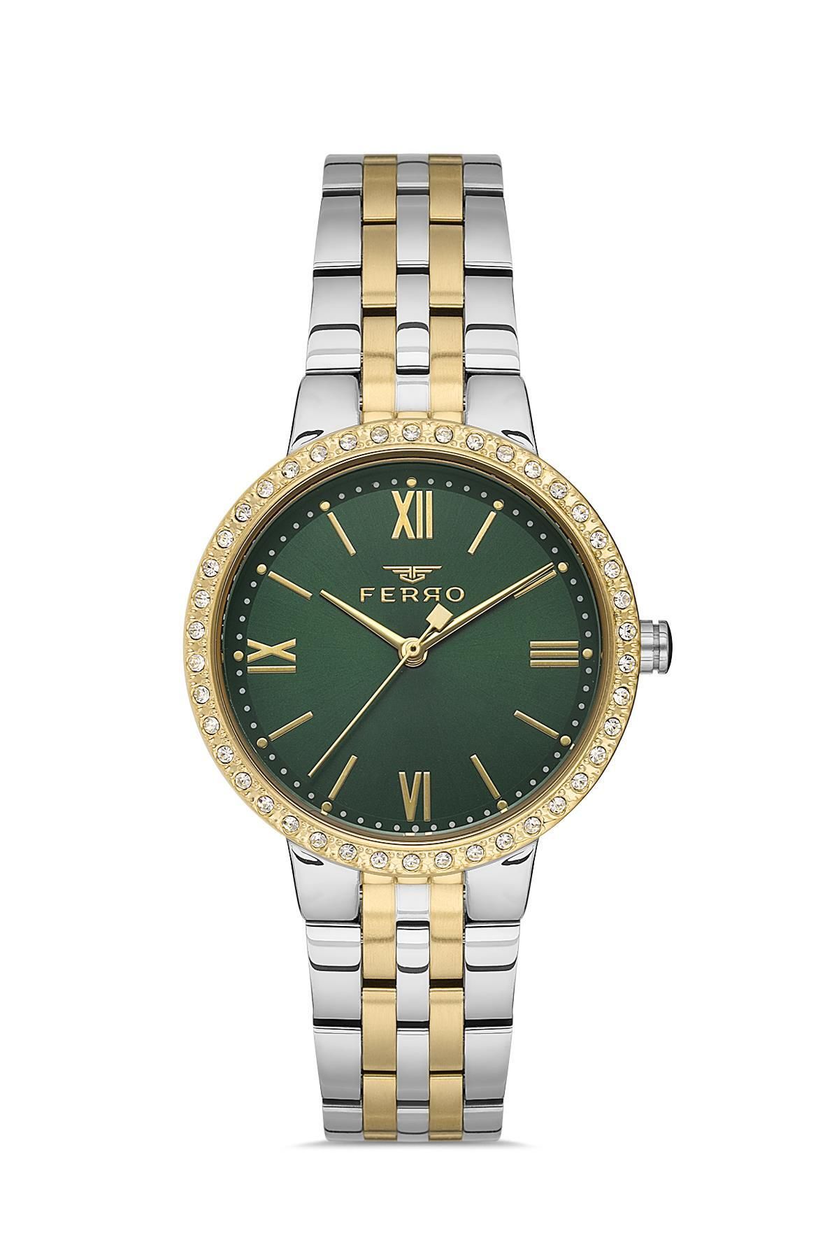 FERRO Kadın Gümüş-Sarı İçi Yeşil Renk Taşlı Kol Saati + Garantili Bileklik Hediyeli
