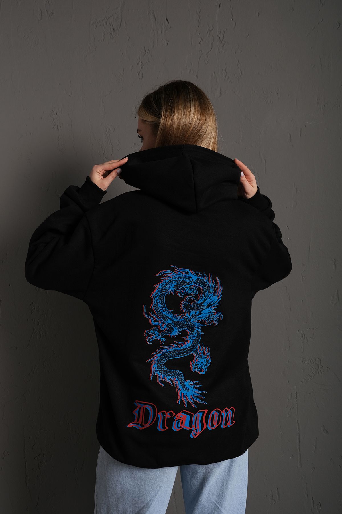 Know Kadın Siyah Önü Dragon Yazılı Sırt Dragon Baskılı Kapüşonlu Oversize Sweatshirt