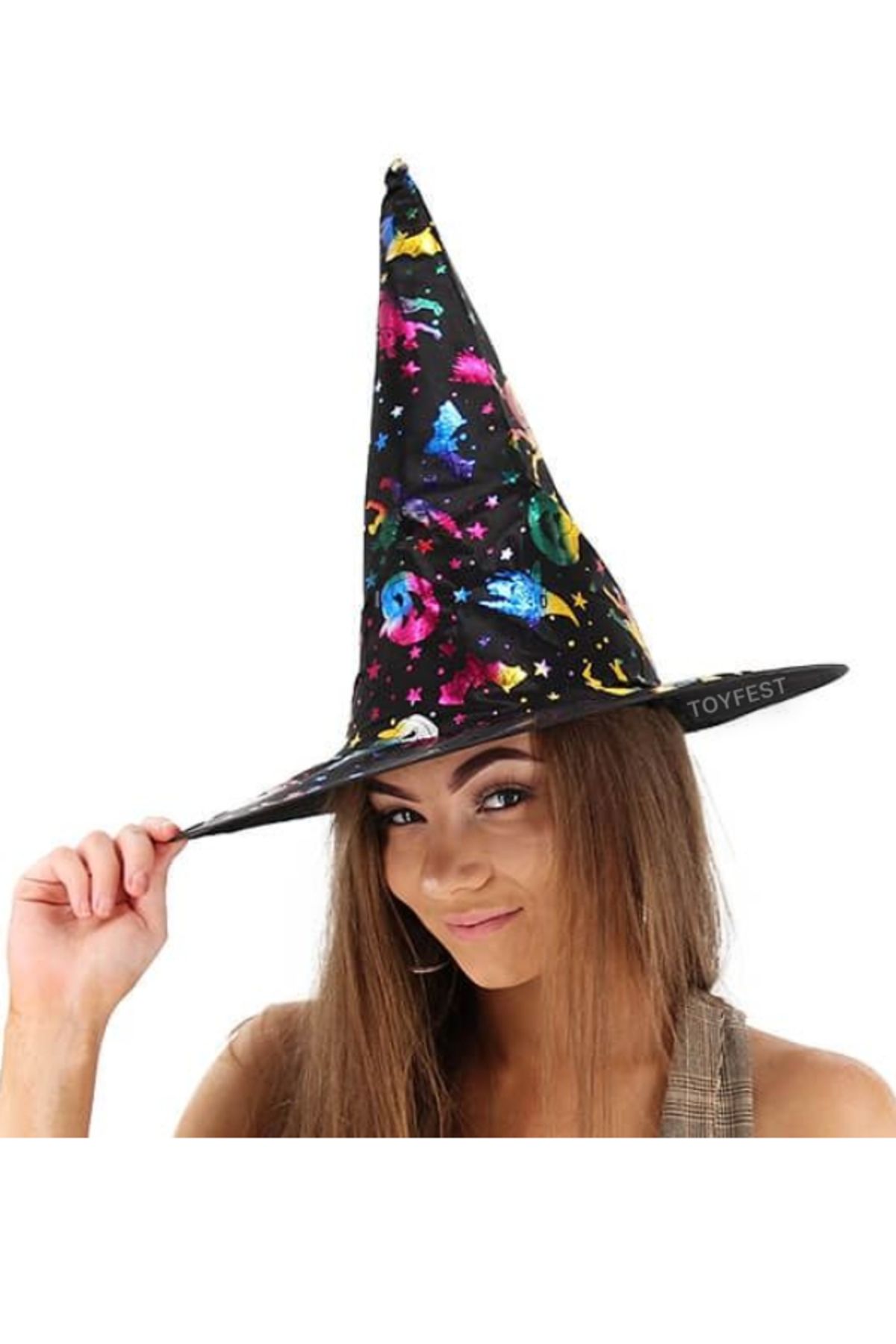 TOYFEST Halloween Cadılar Bayramı Parti Şapkası Dekoratif Parlak Bal Kabağı Cadı Desenli Şapka - 1 ADET