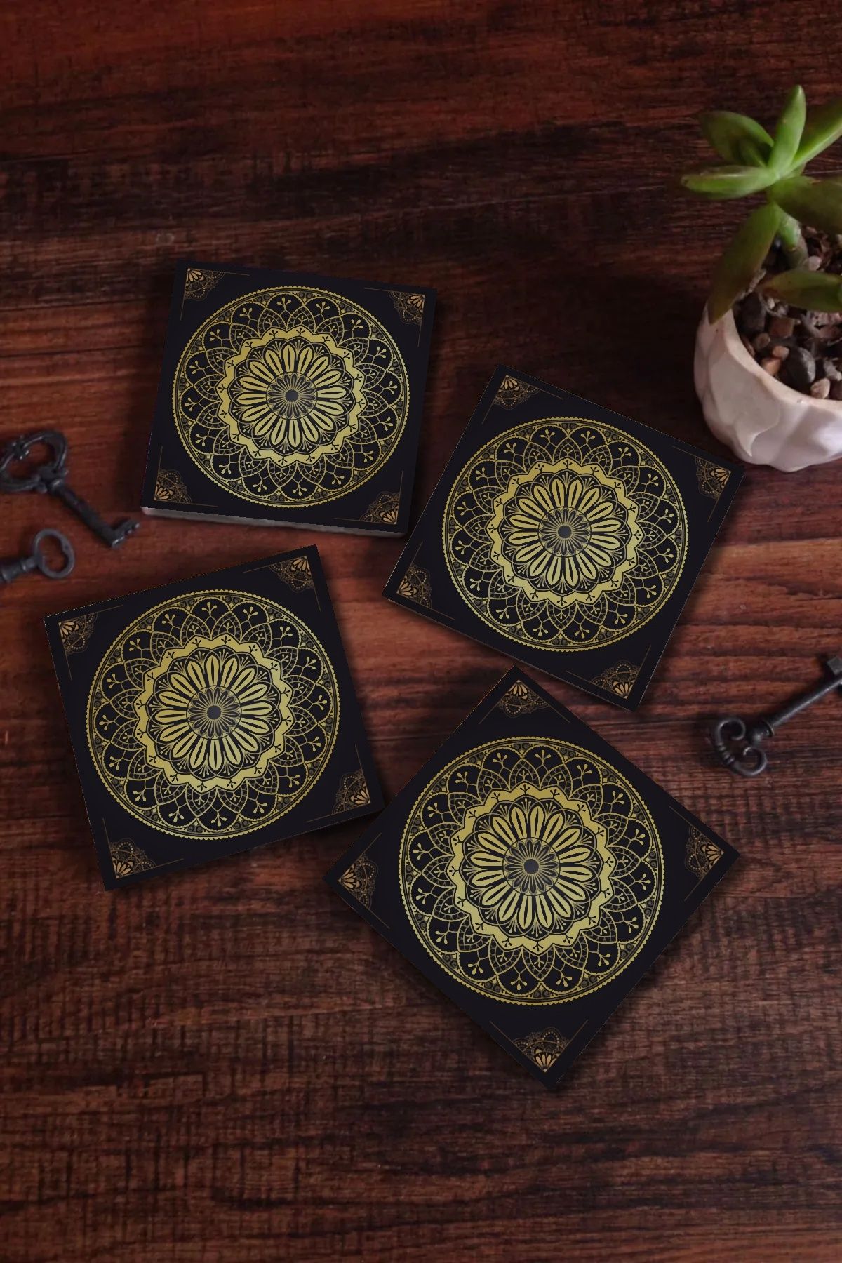 Teona Ahşap Kare Ahşap Bardak Altlığı 6'lı siyah üzerine altın renk mandala Retro Tarz 10x10 6 Adet