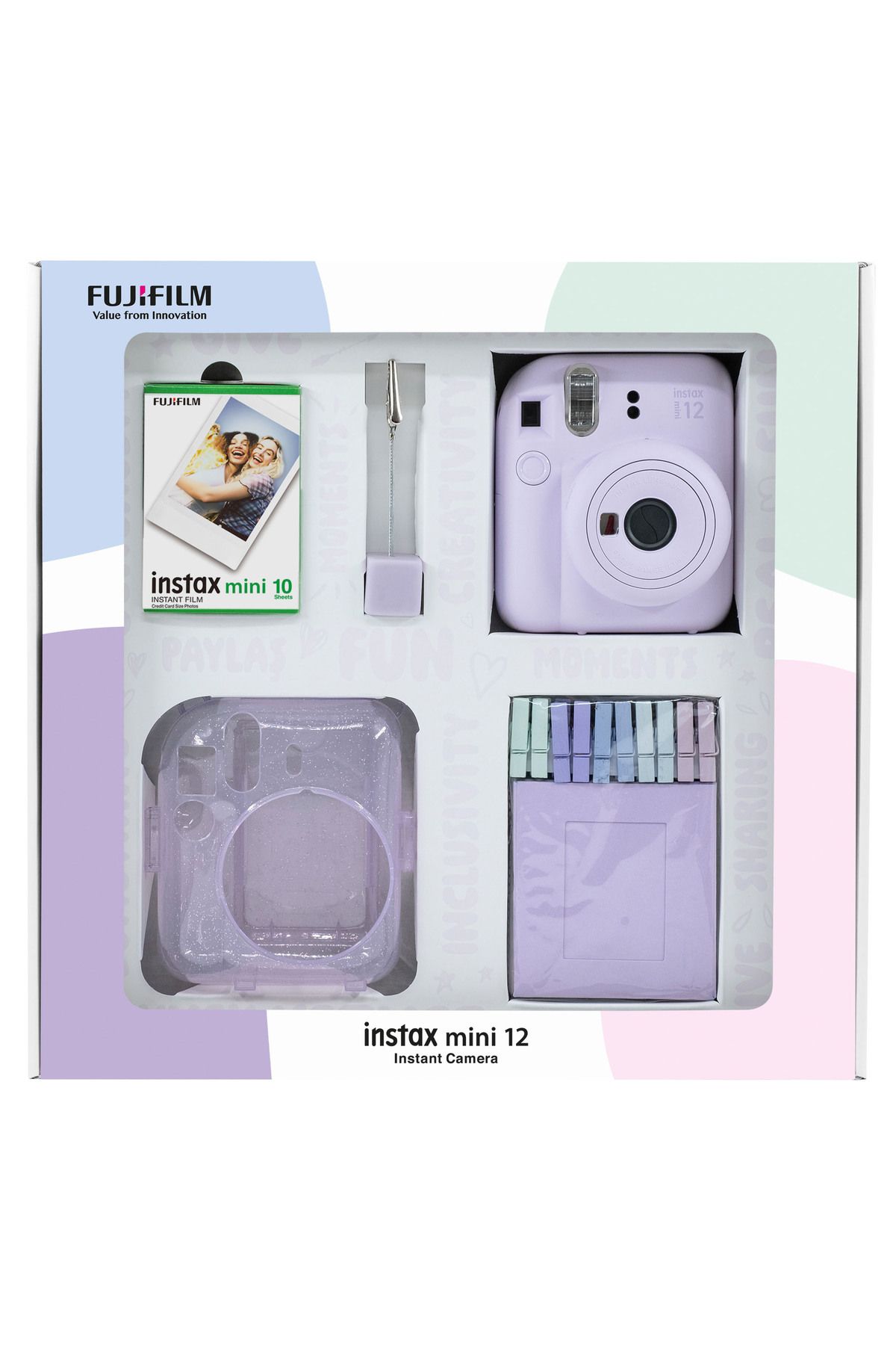 Fujifilm Instax mini 12 Lila Fotoğraf Makinesi 10'lu Film Simli Pleksi Kılıf Mandal ve Kıskaçlı Resim Standı