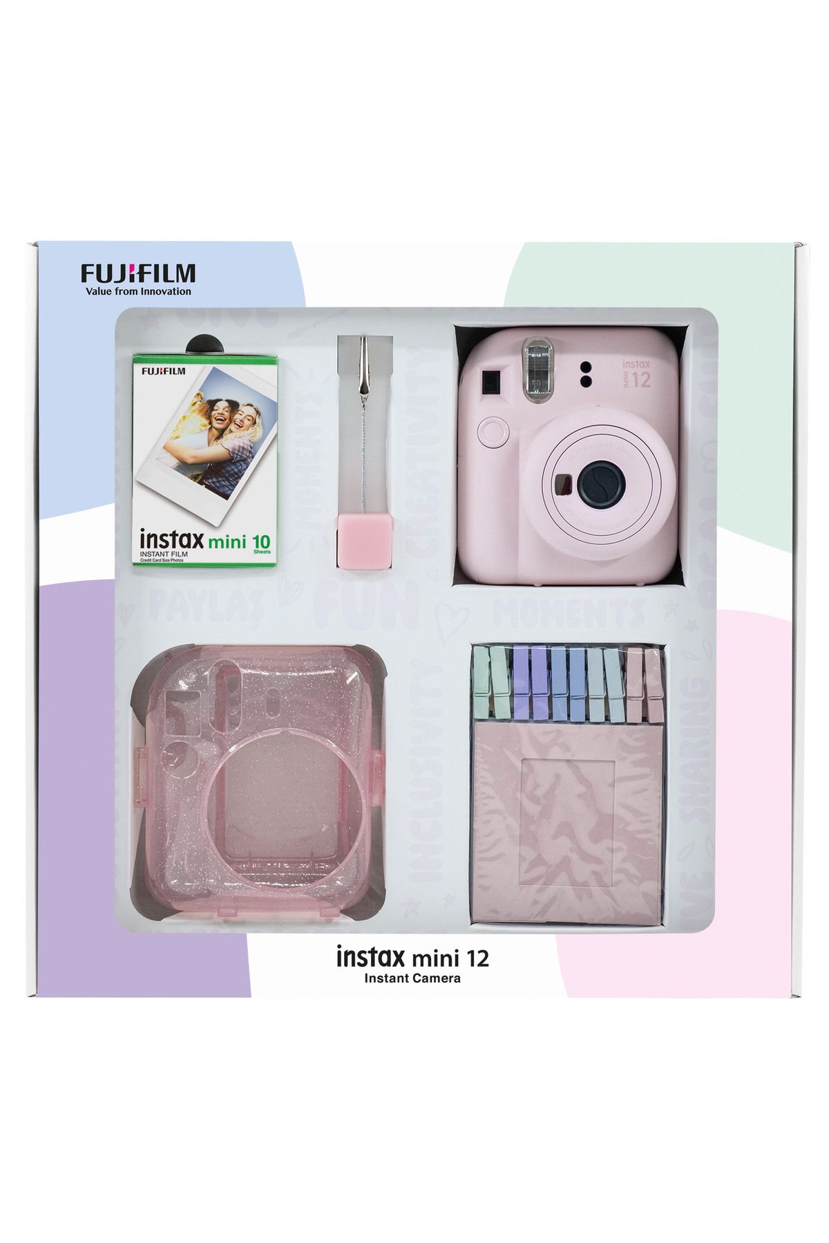 Fujifilm Instax mini 12 Pembe Fotoğraf Makinesi 10'lu Film Simli Pleksi Kılıf Mandal ve Kıskaçlı Resim Standı