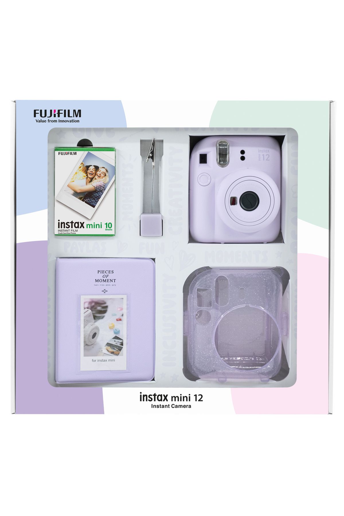 Fujifilm Instax mini 12 Lila Fotoğraf Makinesi 10'lu Film Simli Pleksi Kılıf PVC Albüm ve Kıskaçlı Resim Stan