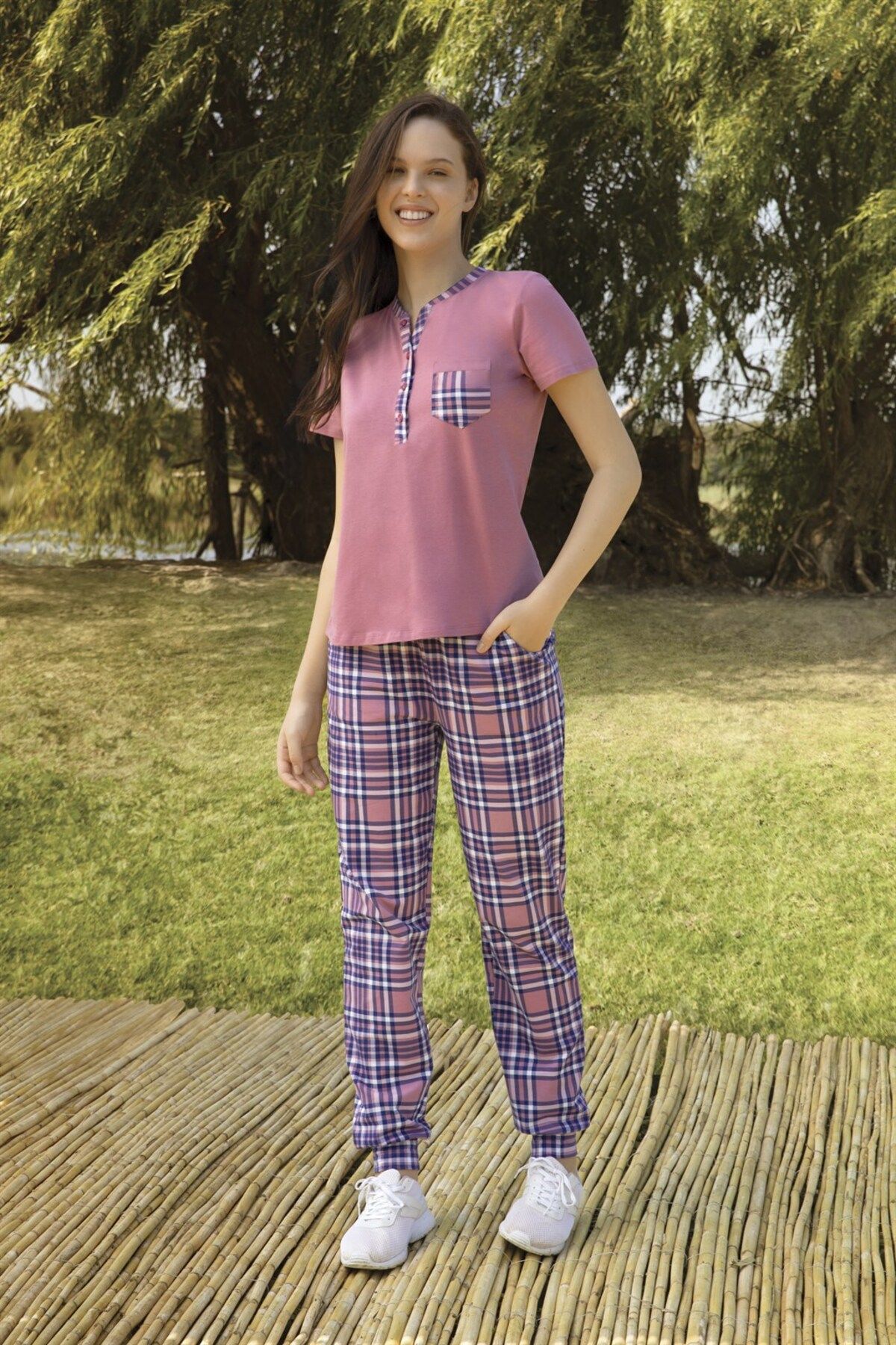 Doreanse Kadın Pembe Kareli T-shirt Pijama Takımı 4333