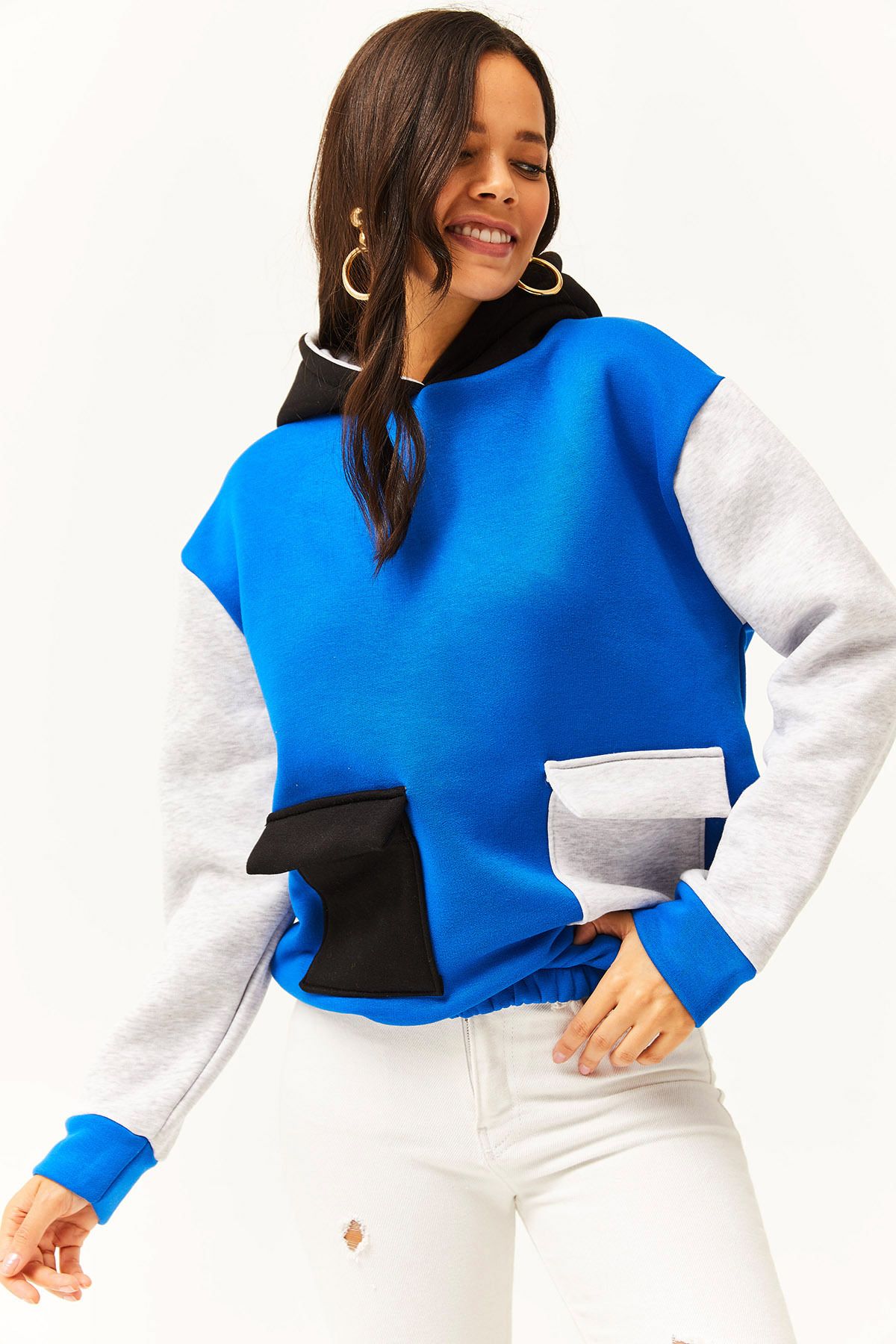 Olalook Kadın Saks Mavi Gri Renk Bloklu İçi Polarlı Sweatshirt SWT-19000327