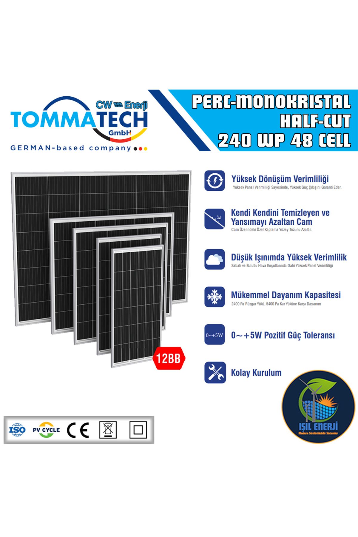 CW Enerji Tommatech 240 Watt Half-Cut Perc Monokristal Güneş Paneli - 240Wp 48PM M12