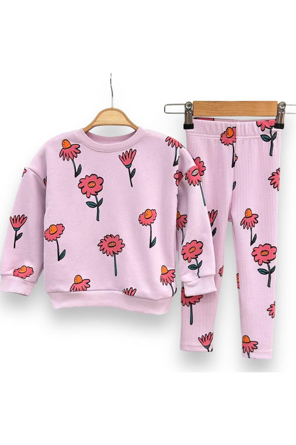 Lolliboomkids Kız Çocuk Uçuk Lila Renk Çiçek Baskı Desen Fitilli Tayt Sweatshirt 2'li Takım