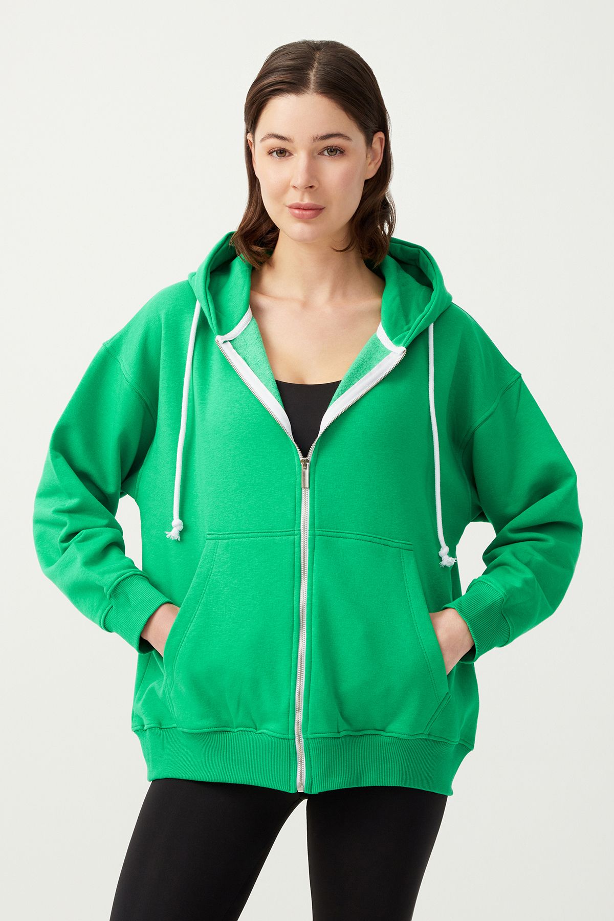 LOS OJOS Kadın Yeşil Beyaz Kapüşonlu Oversize Şardonlu Fermuarlı Örme Sweatshirt Zip-up