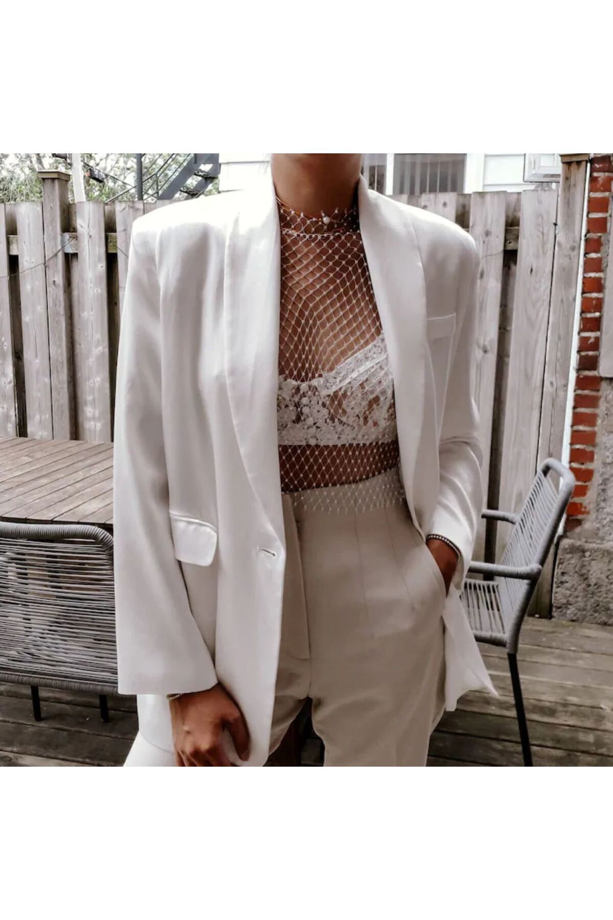 MATHILDA Kadın Beyaz Kristal Taşlı Blazer Ceket İçine Bluz, Gece Party Crop