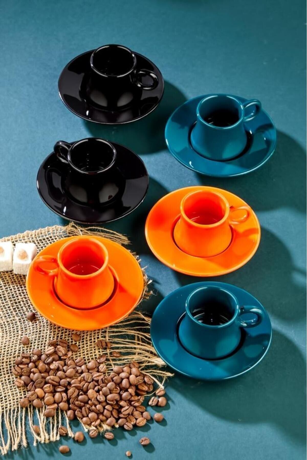 EvimSepette 6 Adet Renkli Kahve Fincanı Ve Tabağı