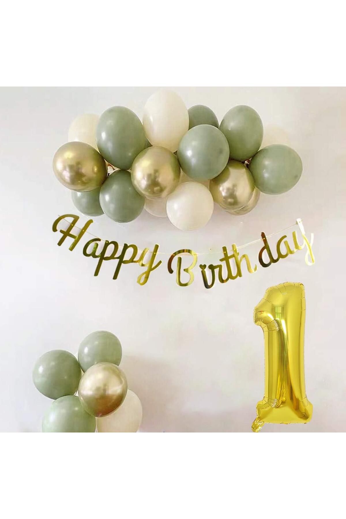 Patladı Gitti 1 Yaş Küf Yeşili Deniz Kumu ve Krom Gold Balonlu Konsept Doğum Günü Seti