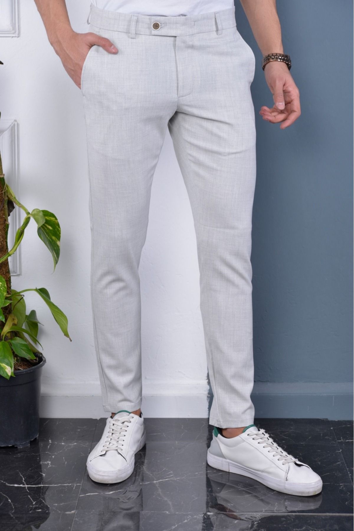 Bürke Erkek Taş Renk İtalyan Kesim Kaliteli Esnek Likralı Bilek Boy Kumaş Pantolon