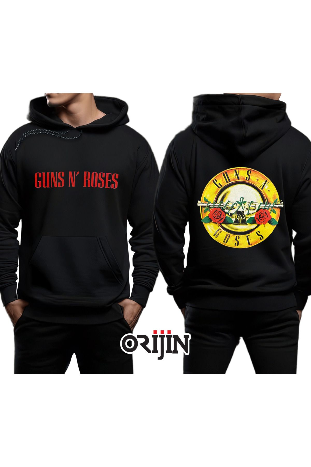 Orijin Tekstil Guns N Roses Ön Arka Baskılı Siyah Kapşonlu Sweatshirt
