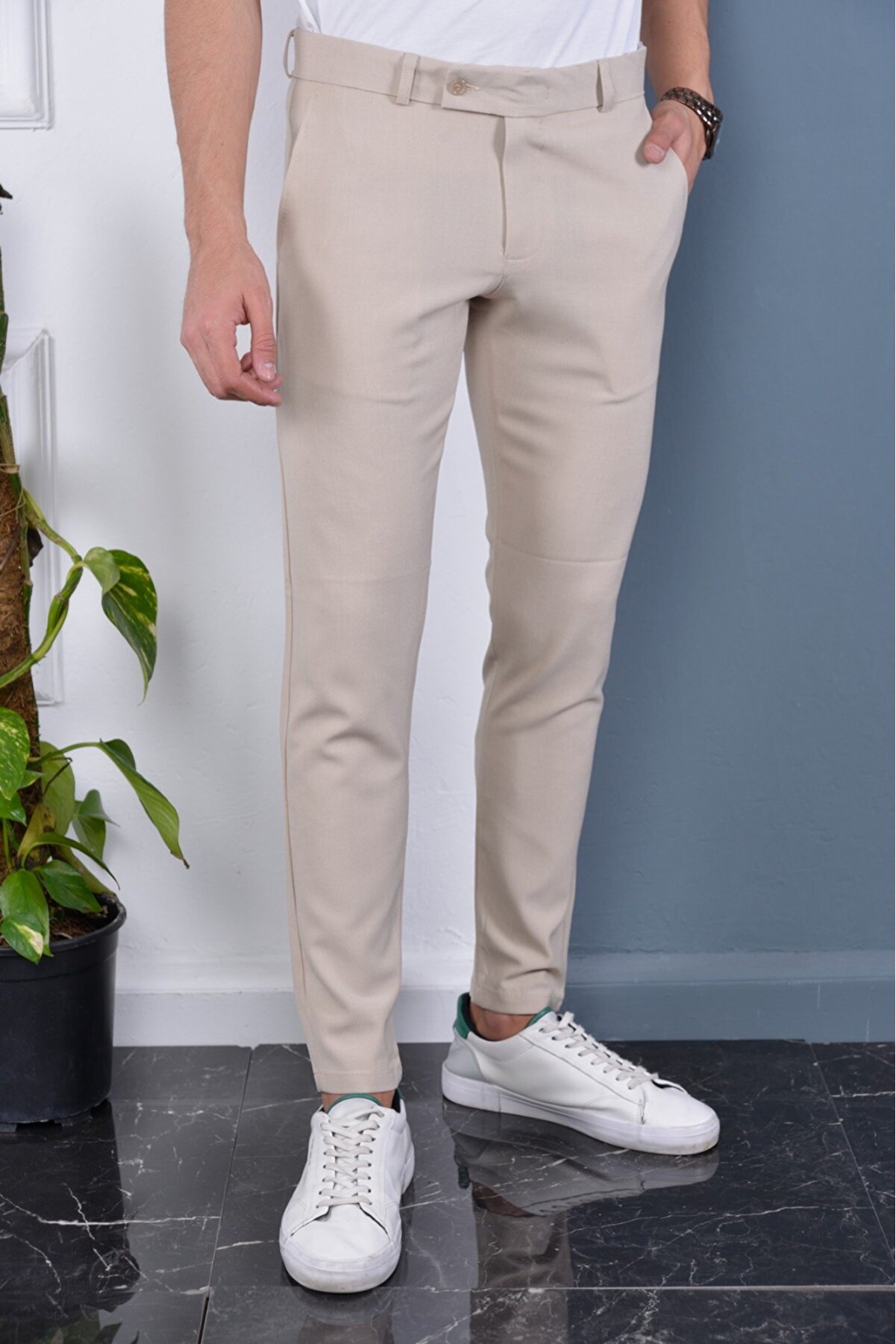 Bürke Erkek Krem Renk Italyan Kesim Kaliteli Esnek Likralı Bilek Boy Kumaş Pantolon