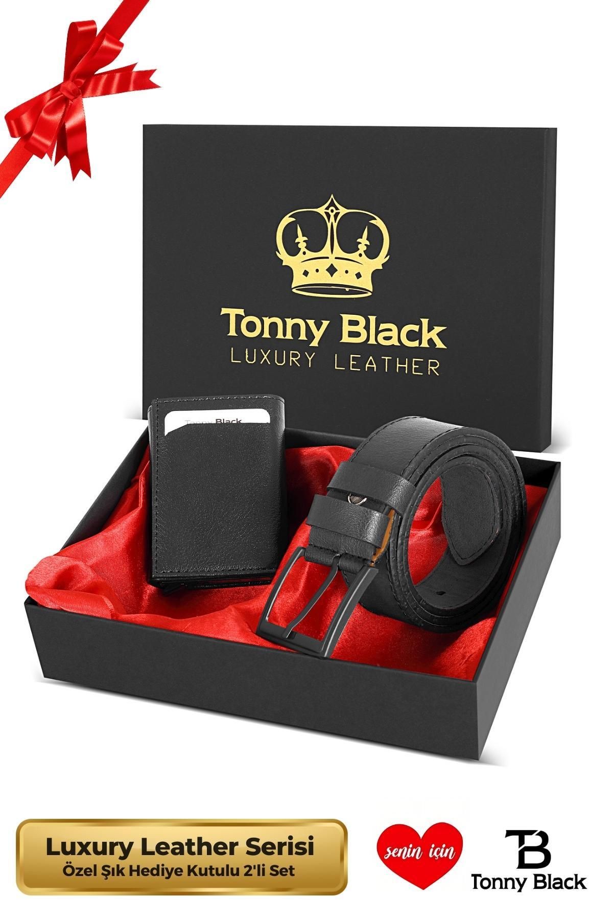 Tonny Black Orijinal Erkek Özel Hediye Kutulu 2'li Set Luxury Serisi Şık Otomatik Mekanizmalı Cüzdan Kemer Seti