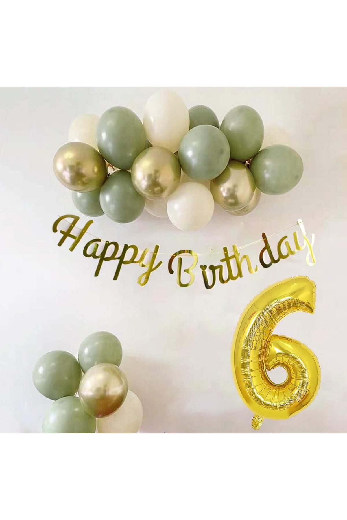 Patladı Gitti 6 Yaş Küf Yeşili Deniz Kumu ve Krom Gold Balonlu Konsept Doğum Günü Seti