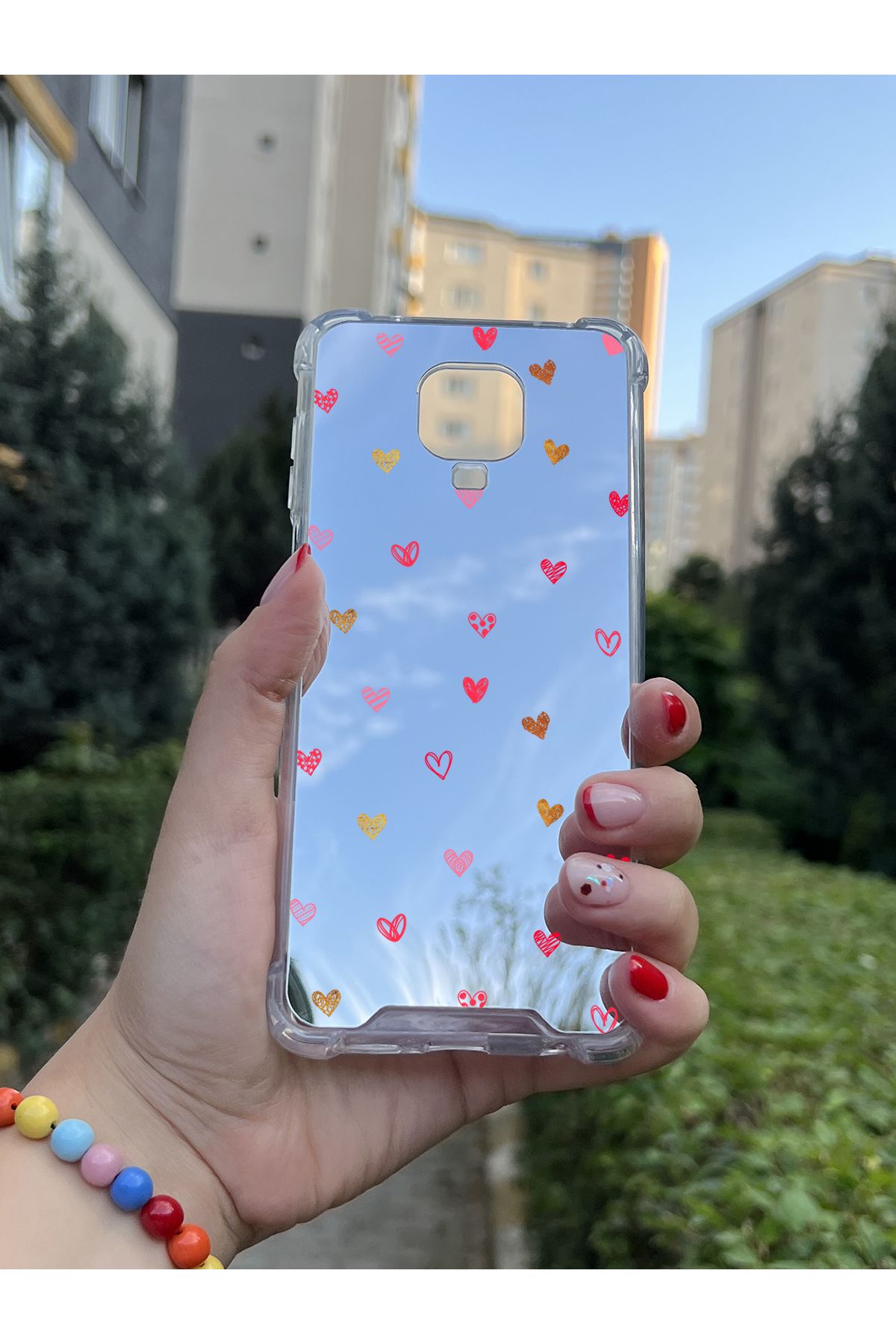 Coco Aksesuar Xiaomi Redmi Note 9 Pro Uyumlu Aynalı Kalpli Desenli Darbe Kamera Korumalı Silikon Telefon Kılıfı