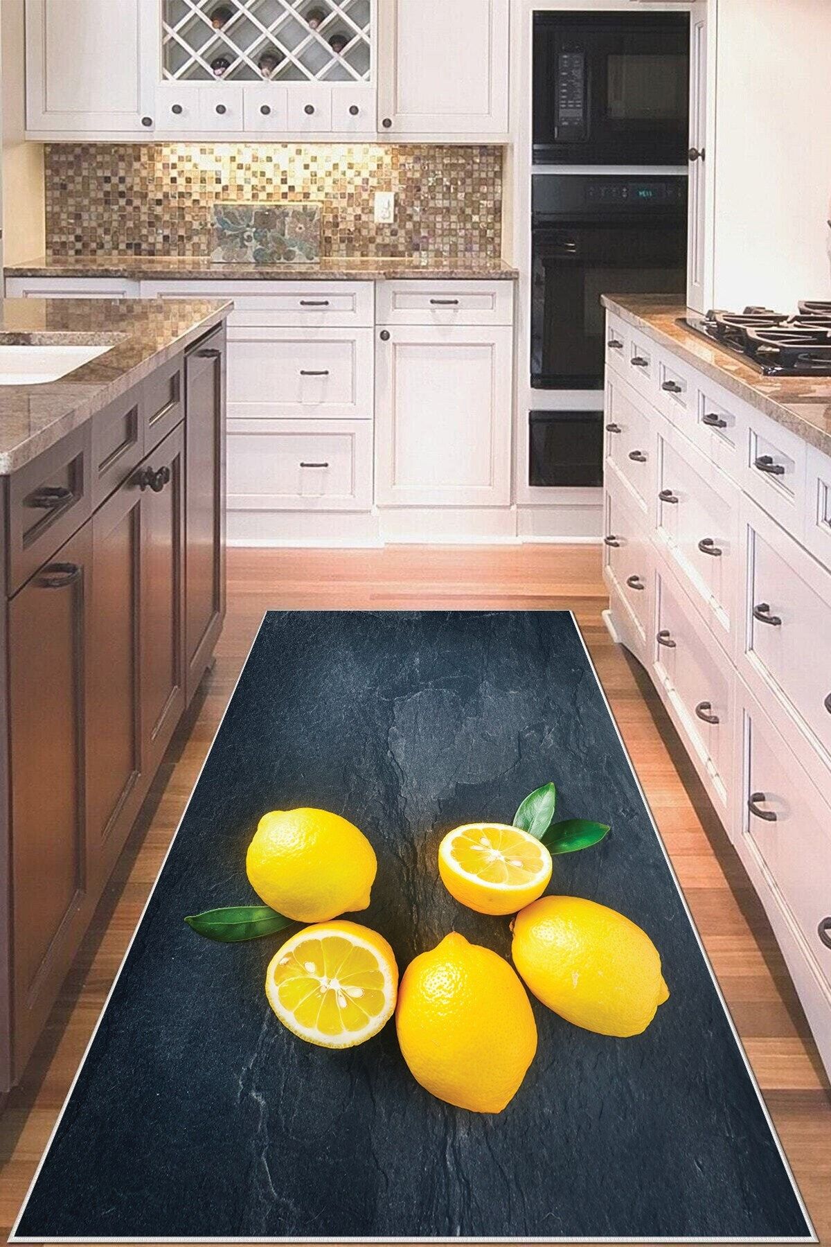MENTEŞ HOME Gri Limon Desenli Yıkanabilir Kaymaz Taban Leke Tutmaz Modern Mutfak Halısı ve Yolluk