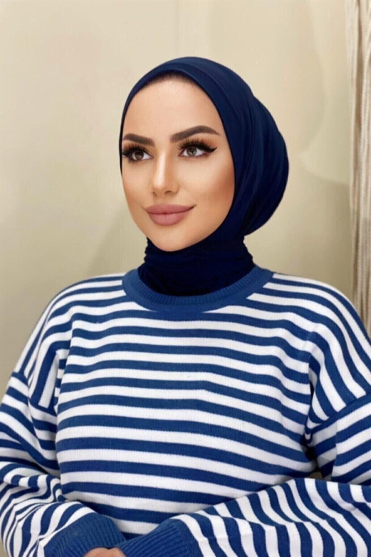 Organic Scarfs Hijabchi Kadın Tesettür Koyu Lacivert Çıtçıtlı Boyunluk Hijap Bone Model Eşarp Şal