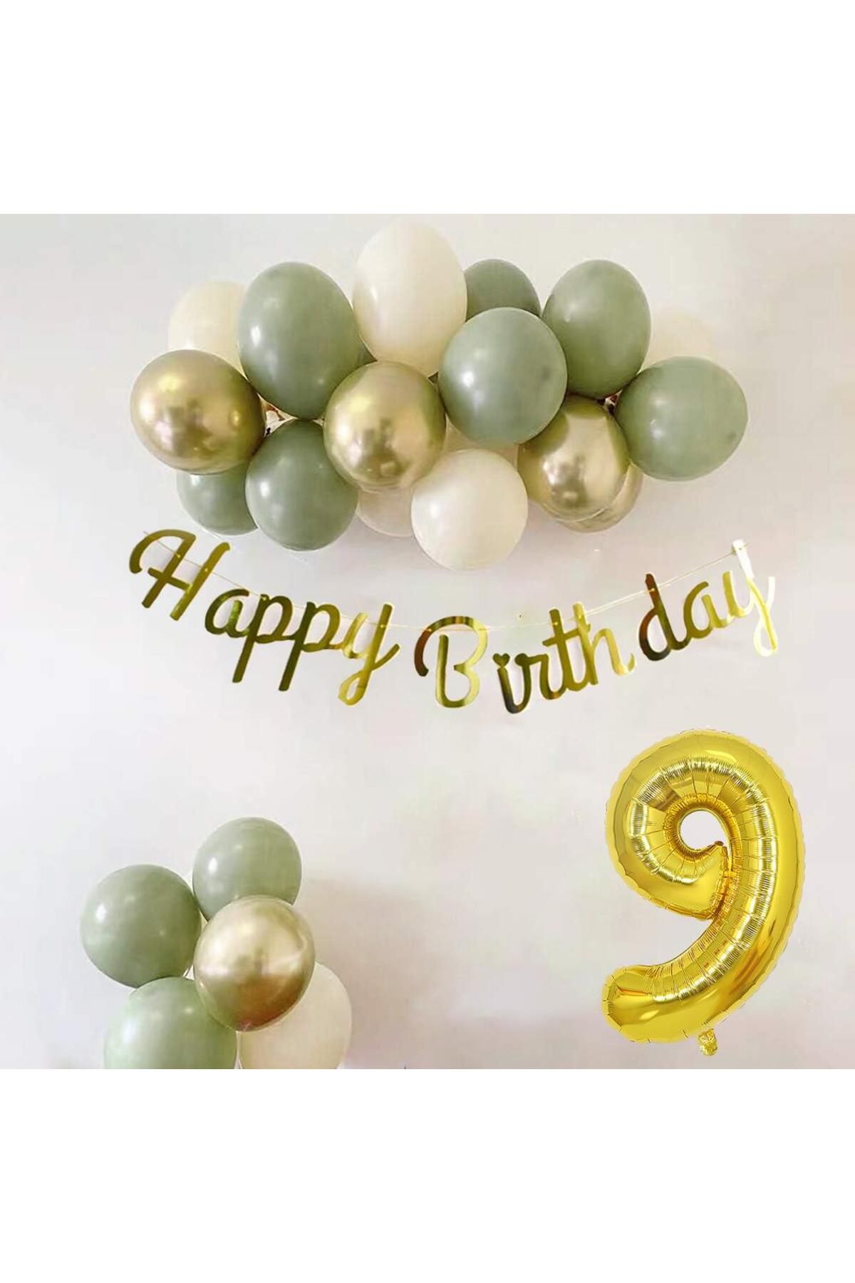 Patladı Gitti 9 Yaş Küf Yeşili Deniz Kumu ve Krom Gold Balonlu Konsept Doğum Günü Seti