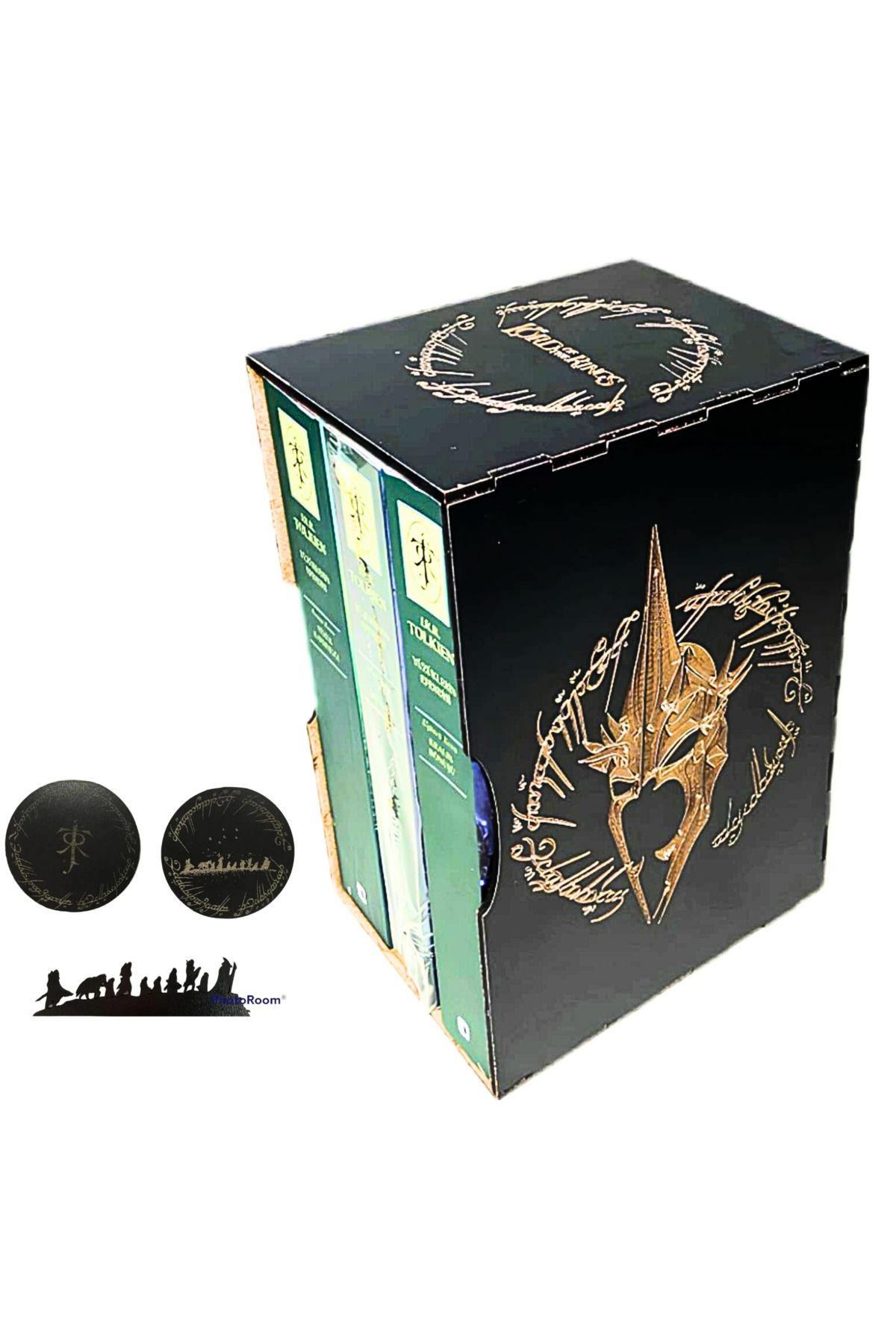 Defne Sepeti Yüzüklerin Efendisi 3 Kitap Tolkien Özel Ahşap Tasarımlı Kutusu Ve Bardak Altlığı Ve Kitap Ayracı