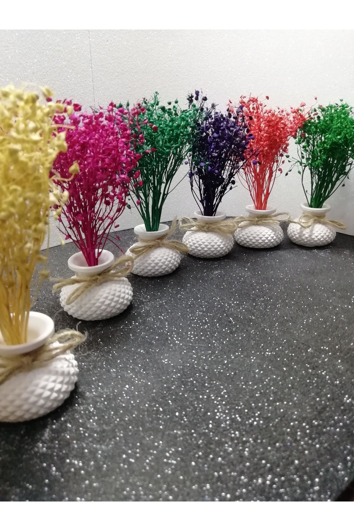 TAKATUKA HEDİYELİK Dekoratif 6lı Set Mini Tombik Saksılı Kuru Çiçek Başak Cipso Kahve Yanı Sunumluk Dekoratif Obje.