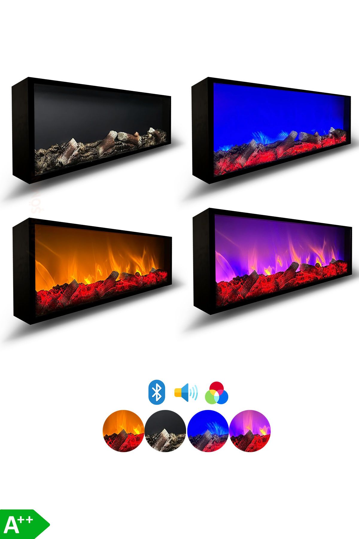 ARİF Dekoratif Elektrikli Yapay Şömine - 130x35x15 Cm - Farklı Renk Modları, Kumandalı, Bluetooth