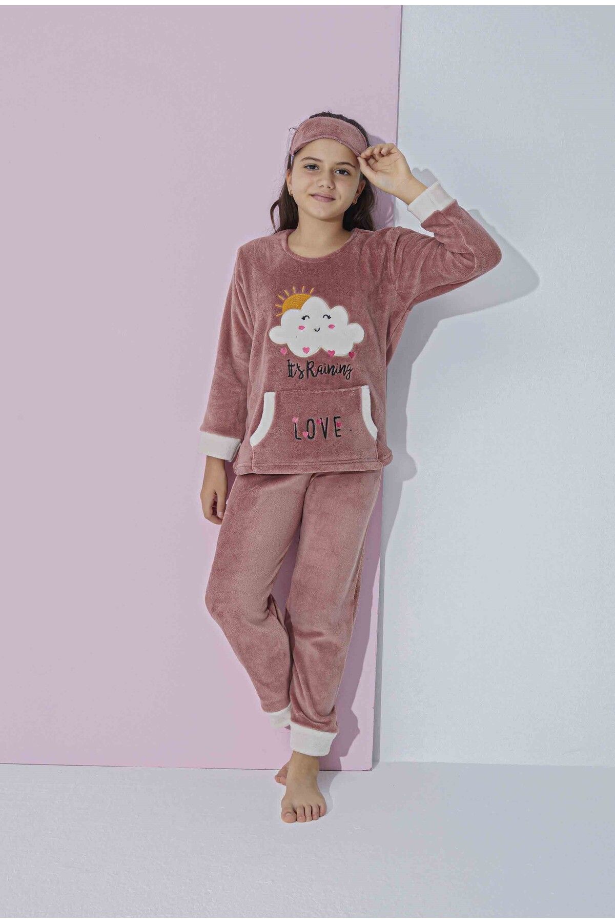 Tarık Kız Genç VE Çocuk Bulut Desenli Uzun Kollu Polar Peluş Kumaş Kışlık Sıcak Tutan Pijama Takımı 2425