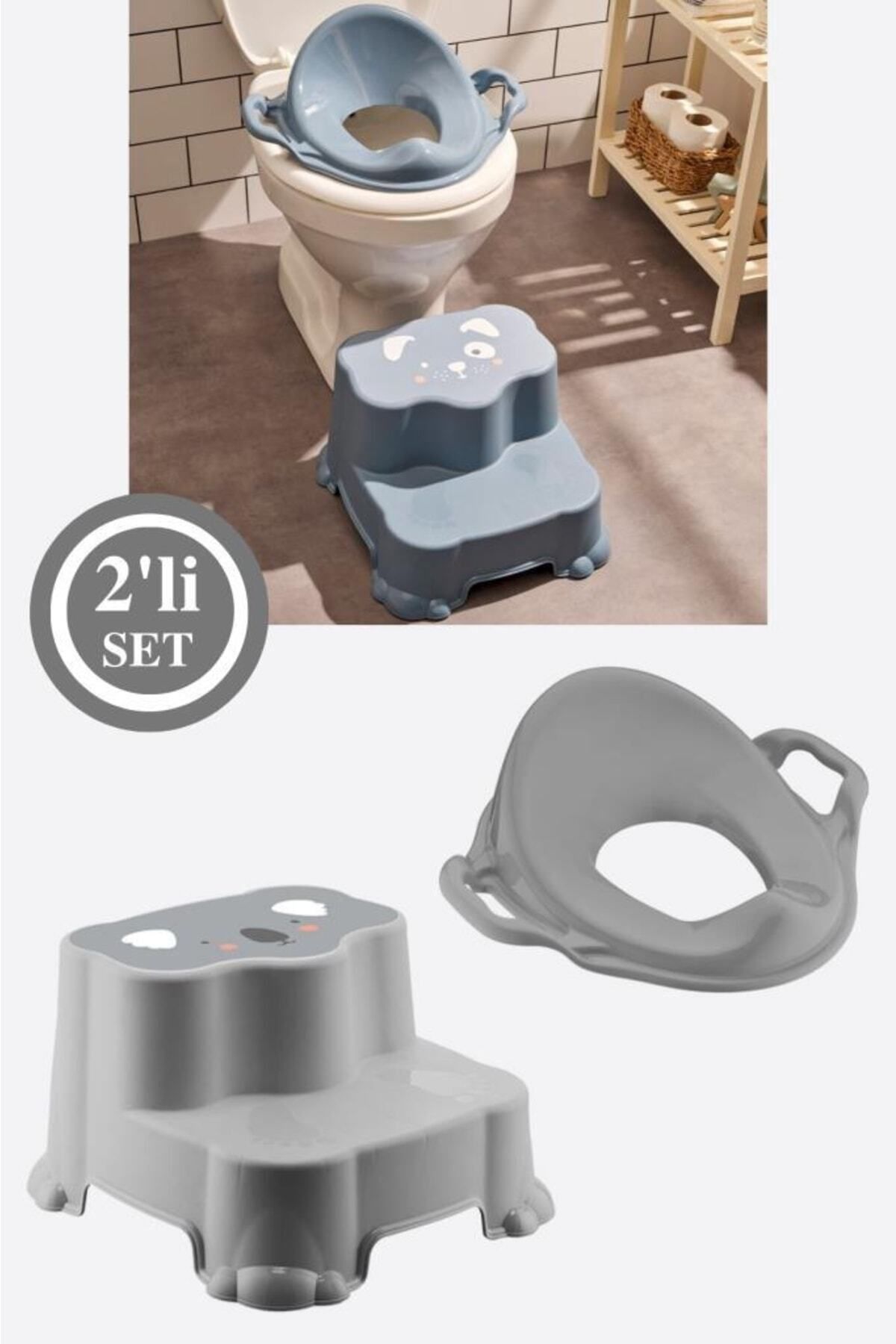 Sepetkitchen Kaydırmaz Çift Basamaklı Çocuk Taburesi Ve Kulplu Klozet Tuvalet Alıştırma Adaptörü 2'li Set