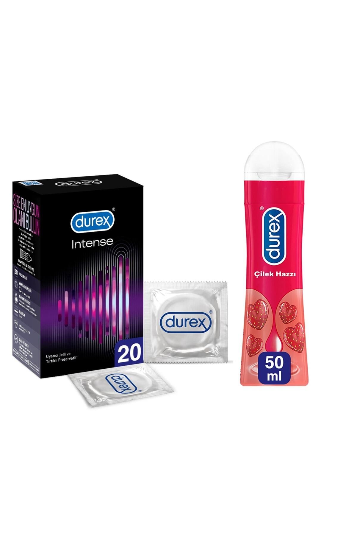 Durex Intense 20'lı Uyarıcı Jelli Ve Tırtıklı Prezervatif Çilek Kayganlastırıcı Jel