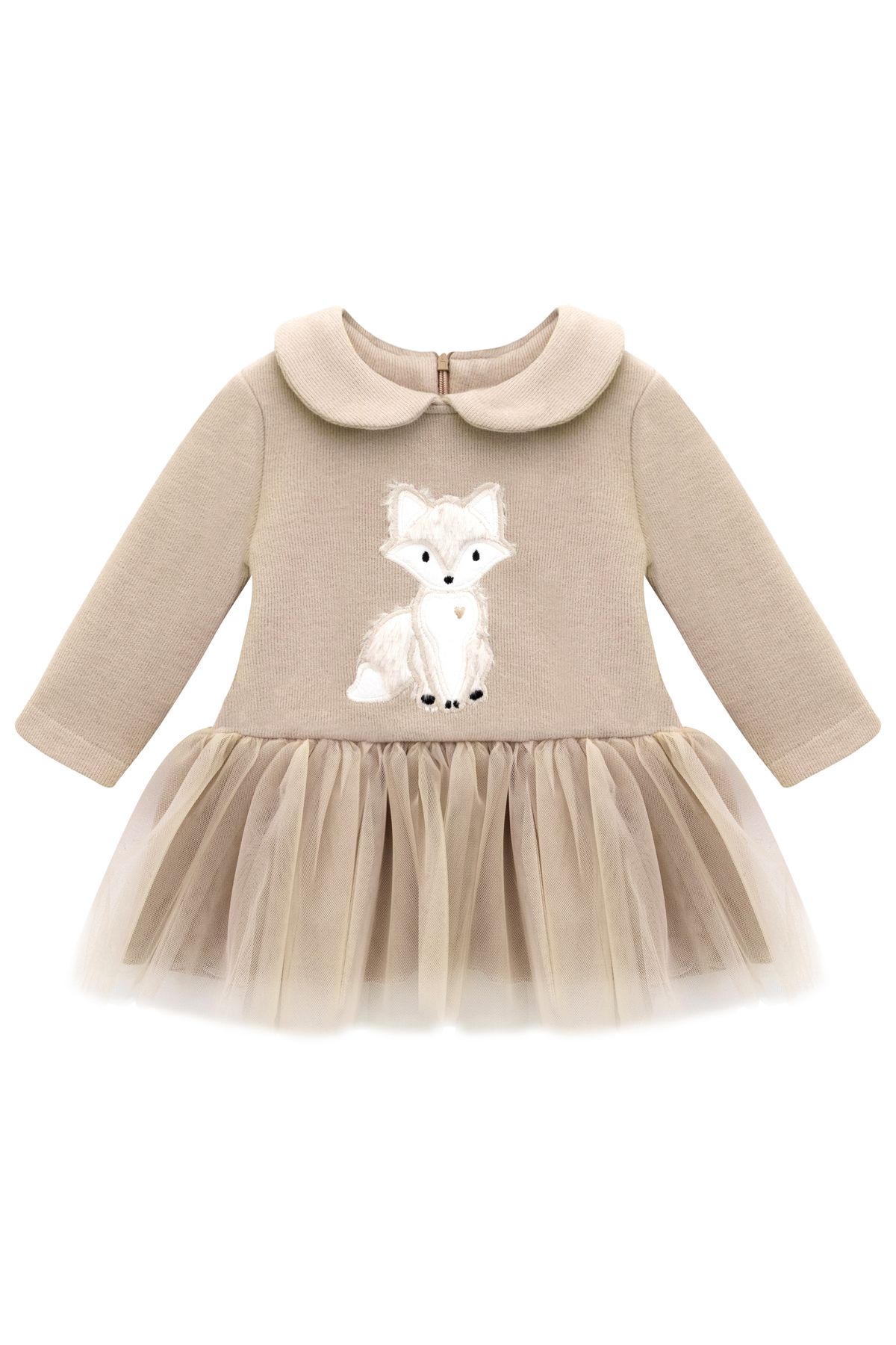 Lilax Kız Bebek Elbise Nakışlı Tüllü Polo Yaka Doğum Günü Bej