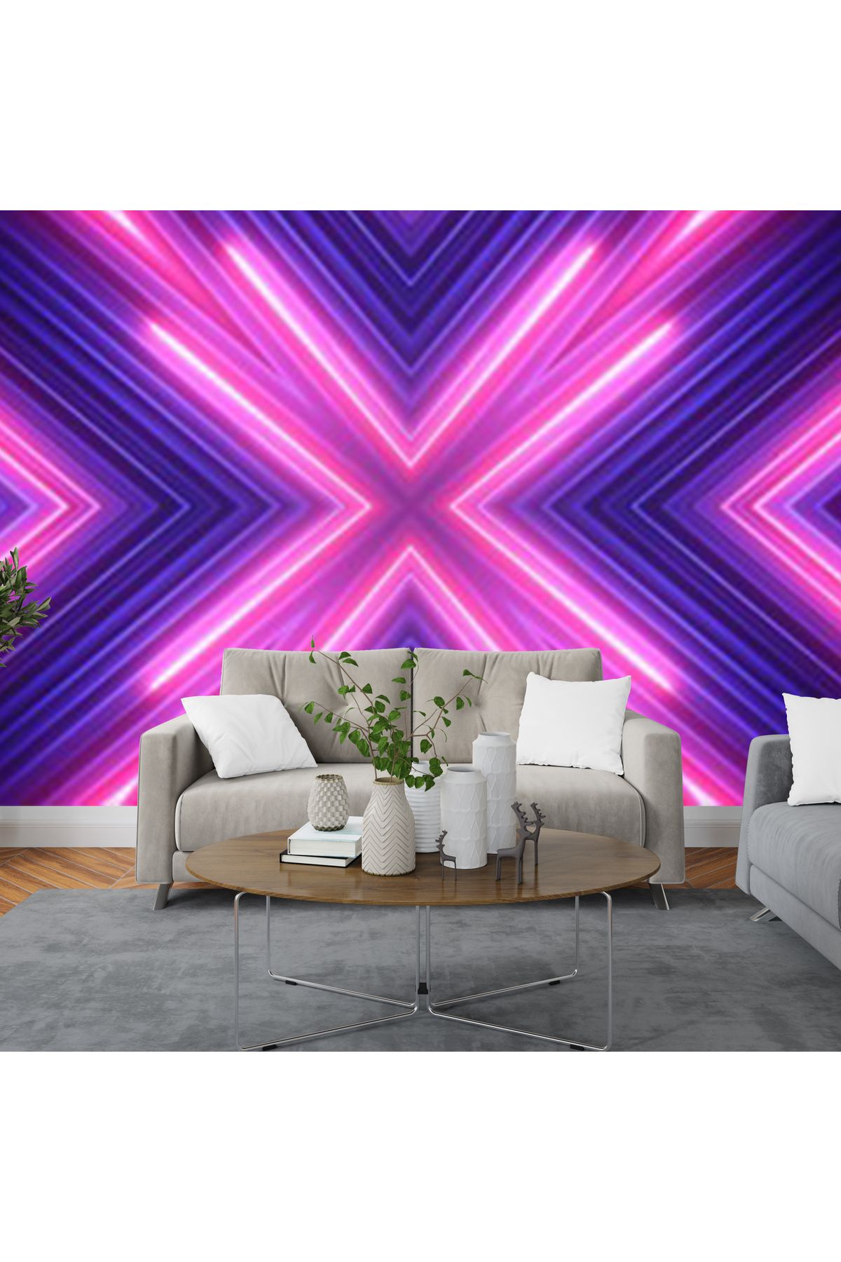 decoratico 3 Boyutlu Pembe Ve Mor Neon Işık Desenli Duvar Kağıdı