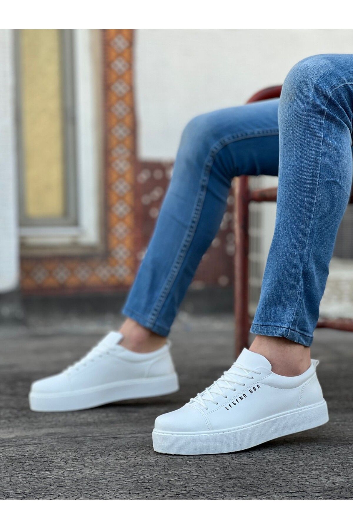 BOUIS Erkek Beyaz Bağcıklı Cilt Deri Klasik Ayakkabı Günlük Spor Şık Yüksek Düz Taban Rahat Sneaker