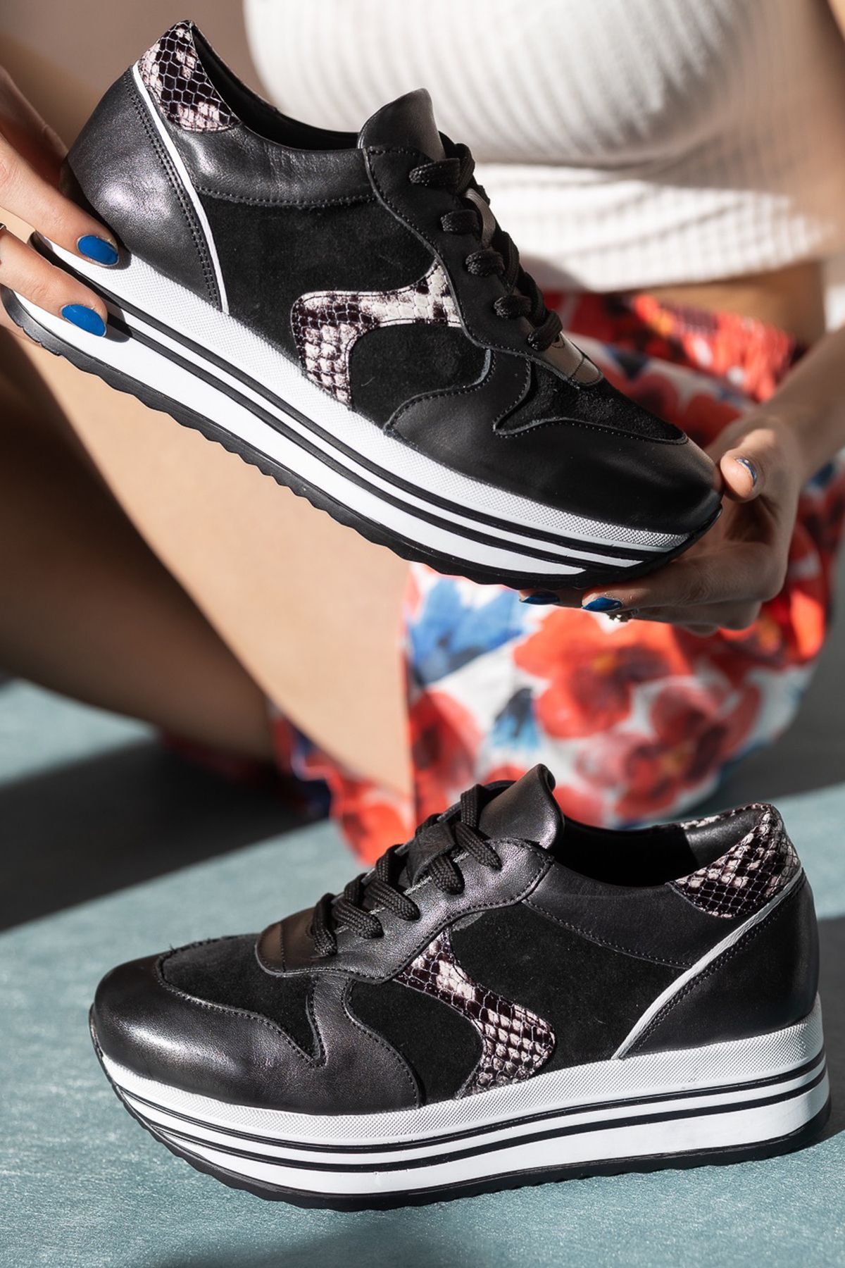 GRADA Siyah Hakiki Deri Kadın Casual Sneaker Ayakkabı Yüksek Platform Tabanlı Kadın Deri Sneaker