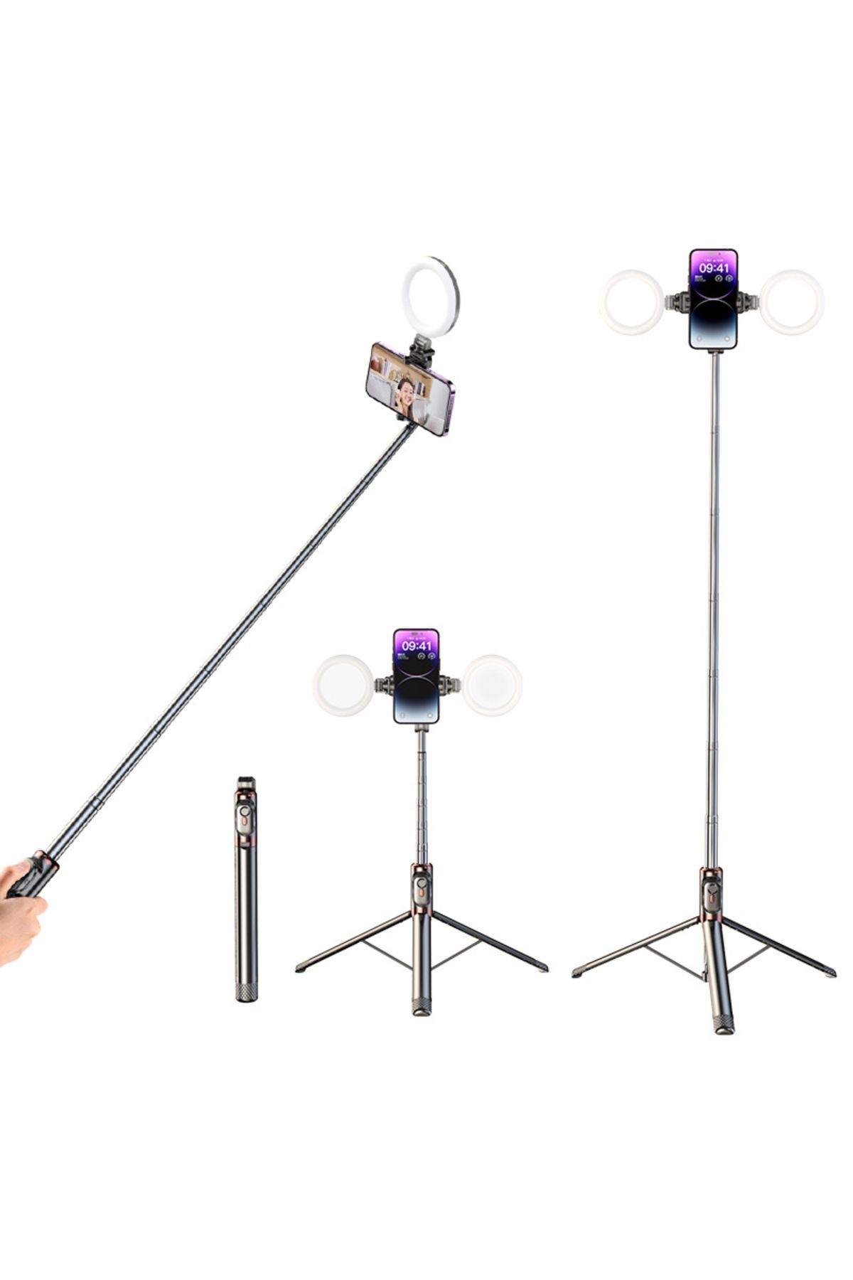 Asfal Aynalı, Çift Işıklı, Bluetooth Uzaktan Kumandalı Selfie Işığı, 170 cm Tripod, Telefon Selfie Çubuğu