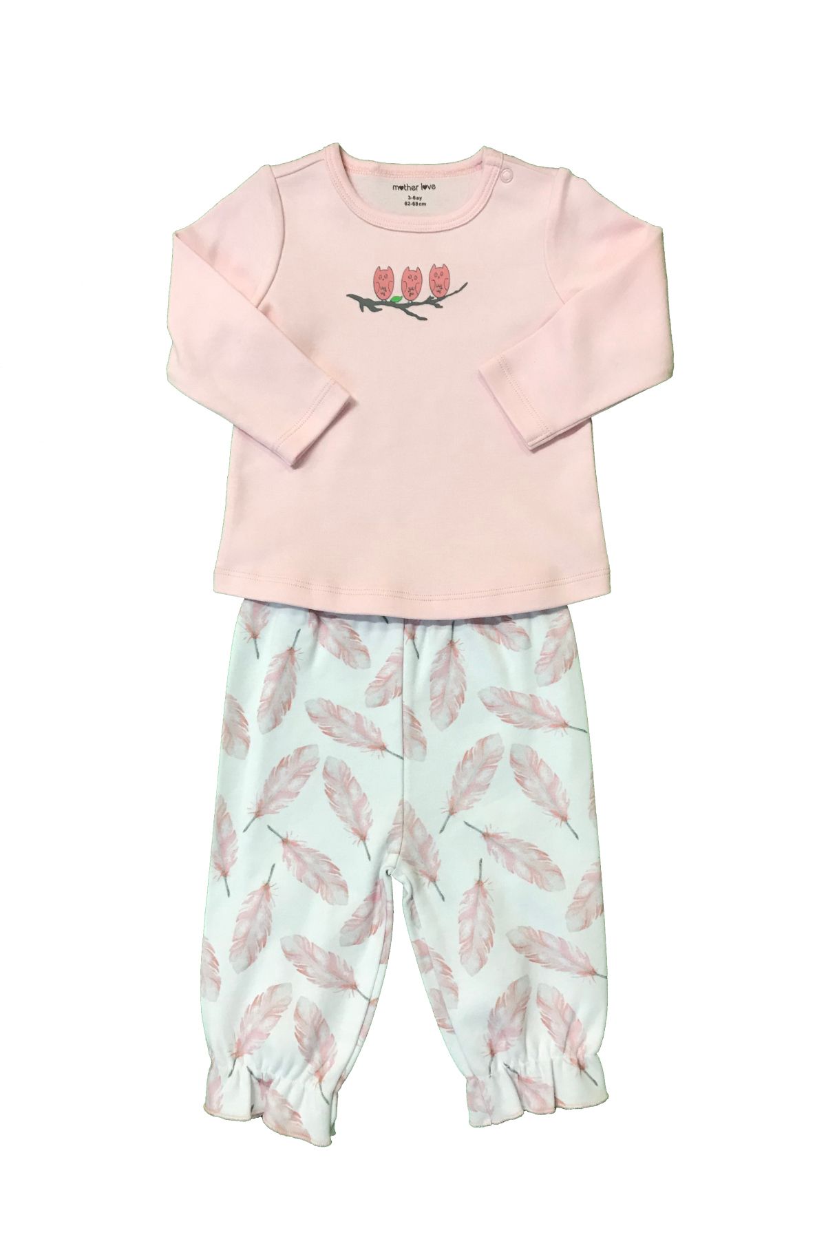 Mother Love Kız Bebek%100 Organik Sertifikalı Kuş Tüyü Desenlii 2 li Pijama Takımı