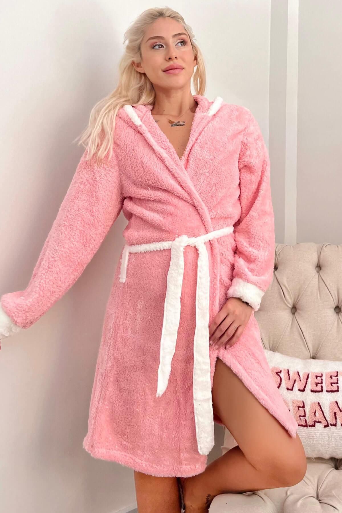 Pijamaevi Somon Love Desenli Kapşonlu Peluş Kadın Sabahlık