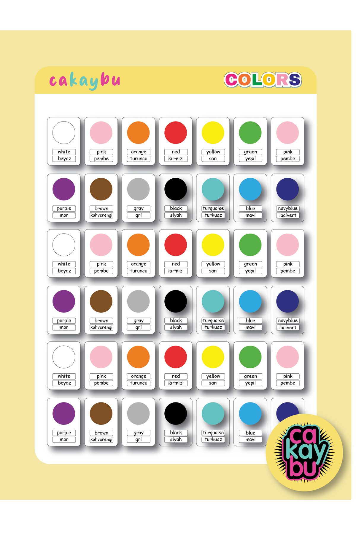 cakaybu İngilizce Renkleri Öğreniyorum 2,3 x 3,3 cm 42 adet 3 set 1 Sayfa A4