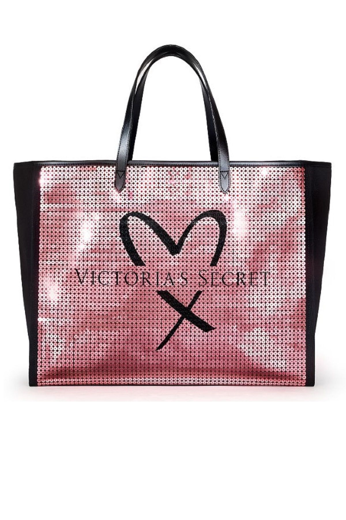 Victoria's Secret VS Payet İşlemeli Pembe Pullu Kalp Logolu Kanvas Çanta
