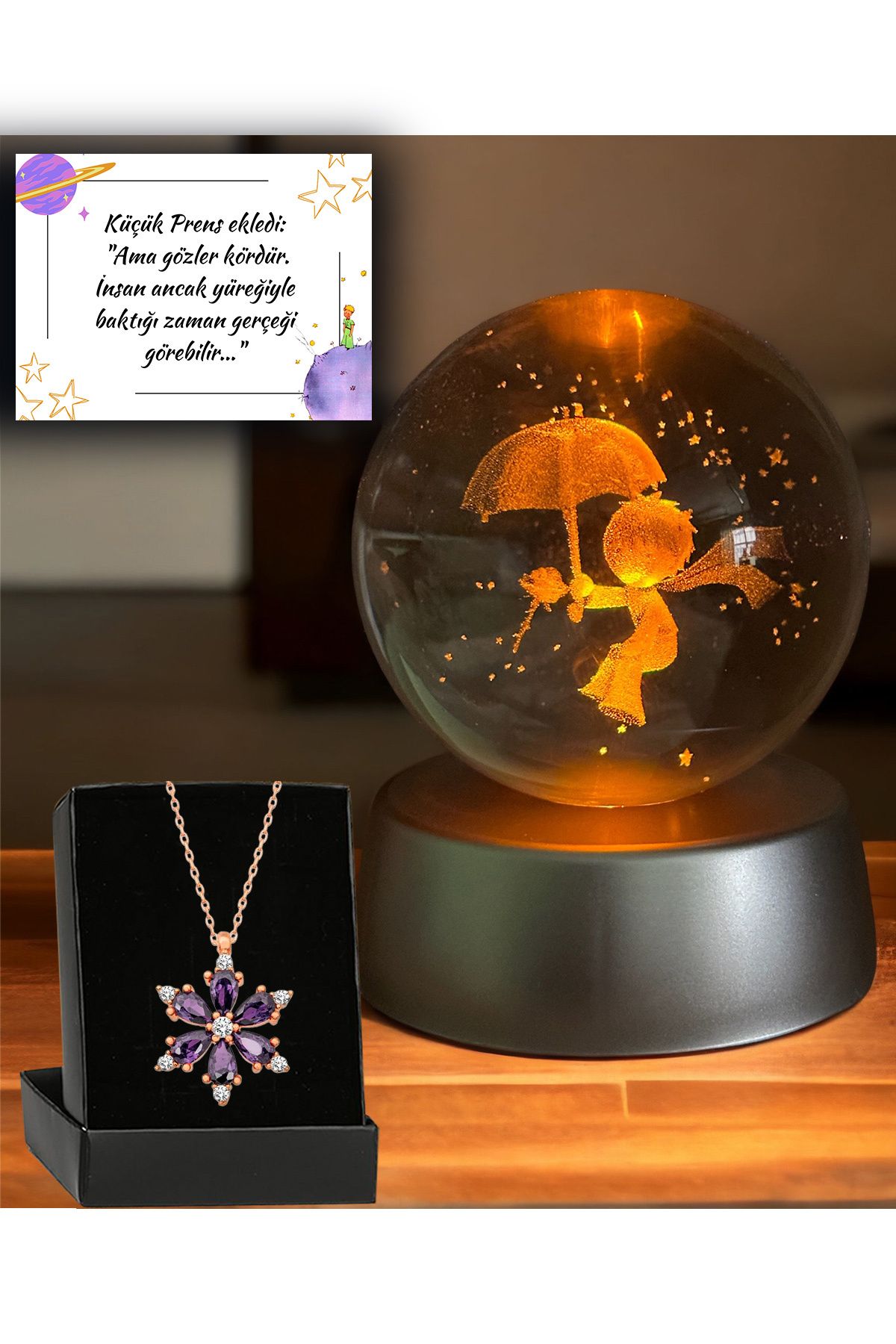 Zemtigo Renk Değiştiren Led Işıklı Küçük Prens Kristal Cam Küre Little Prince Lamba Ve Lotus Çiçeği Kolye