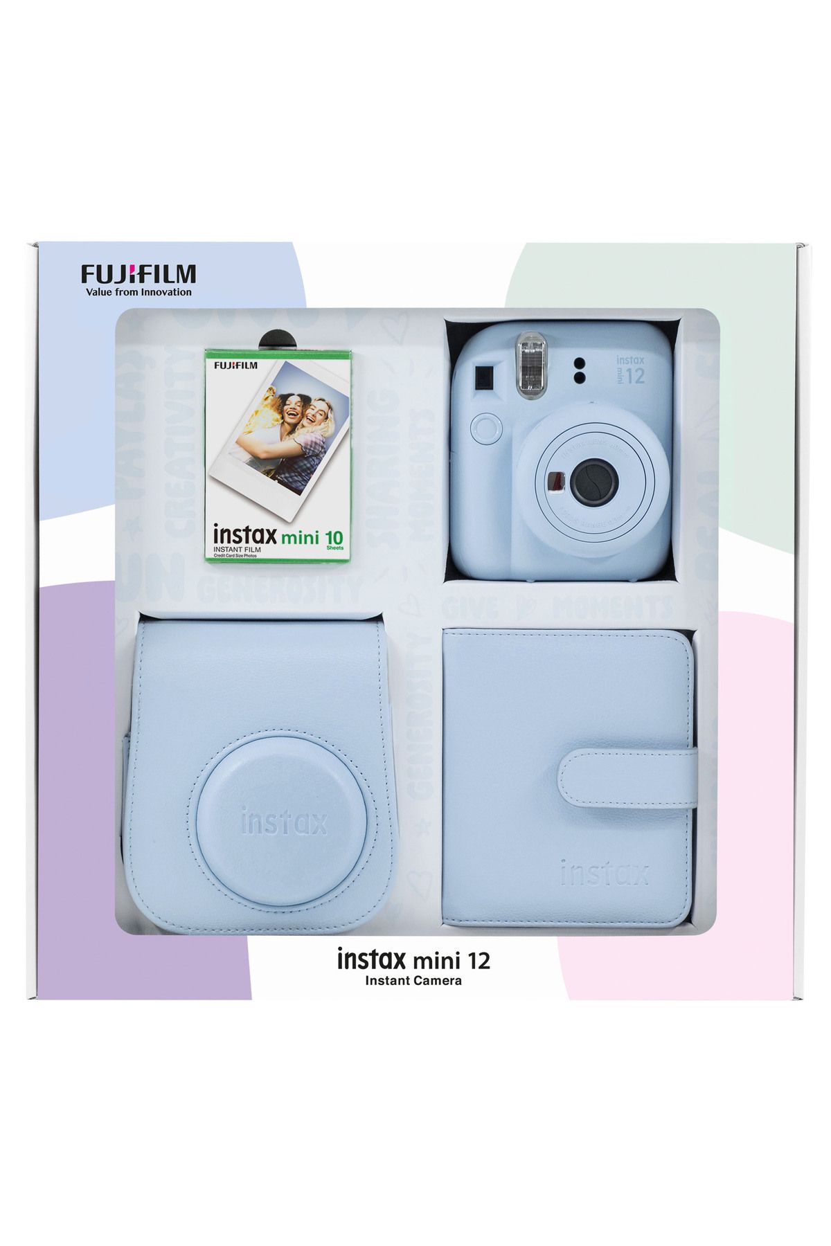 Fujifilm Instax mini 12 Mavi Fotoğraf Makinesi 10'lu Film Kare Albüm ve Deri Kılıf Bundle Box