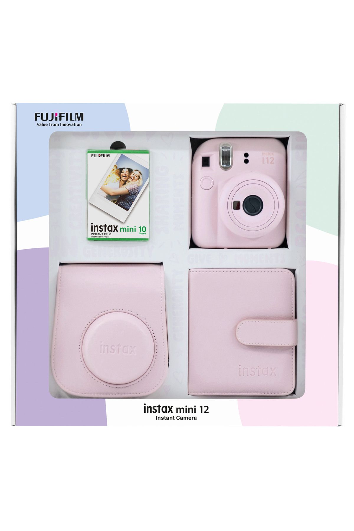Fujifilm Instax mini 12 Pembe Fotoğraf Makinesi 10'lu Film Kare Albüm ve Deri Kılıf Bundle Box