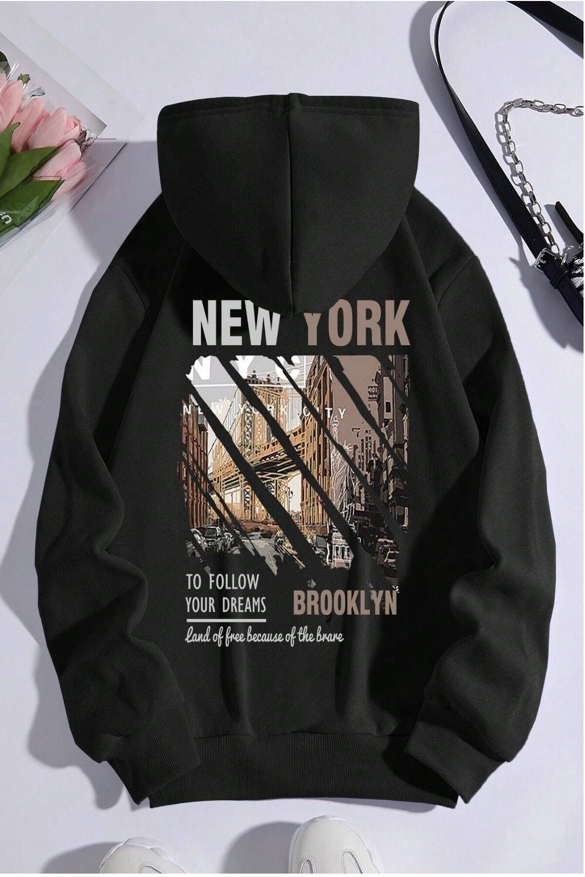 MODAGEN Unısex Siyah Newyork Brooklyn Baskılı Oversıze Kapüşonlu Sweatshırt
