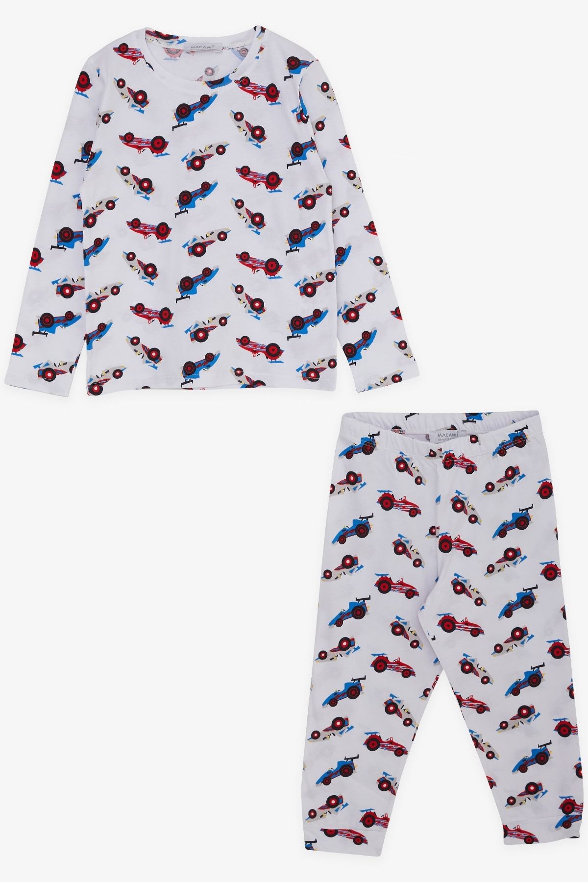 Macawi Erkek Çocuk Pijama Takımı Yarış Arabası Temalı 3-7 Yaş, Beyaz