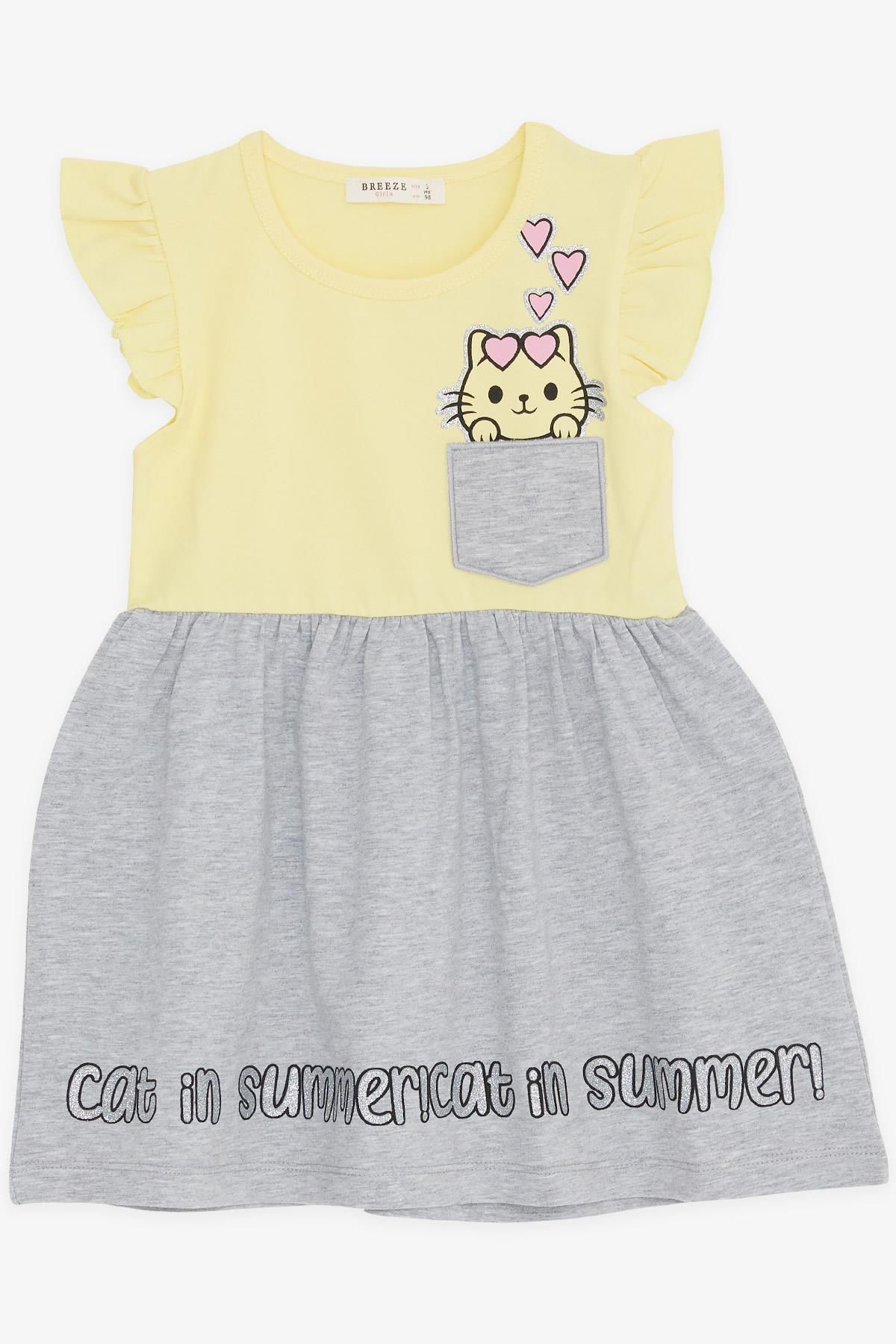 Breeze Kız Çocuk Elbise Cepli Simli Kedicik Baskılı 1.5-5 Yaş, Sarı