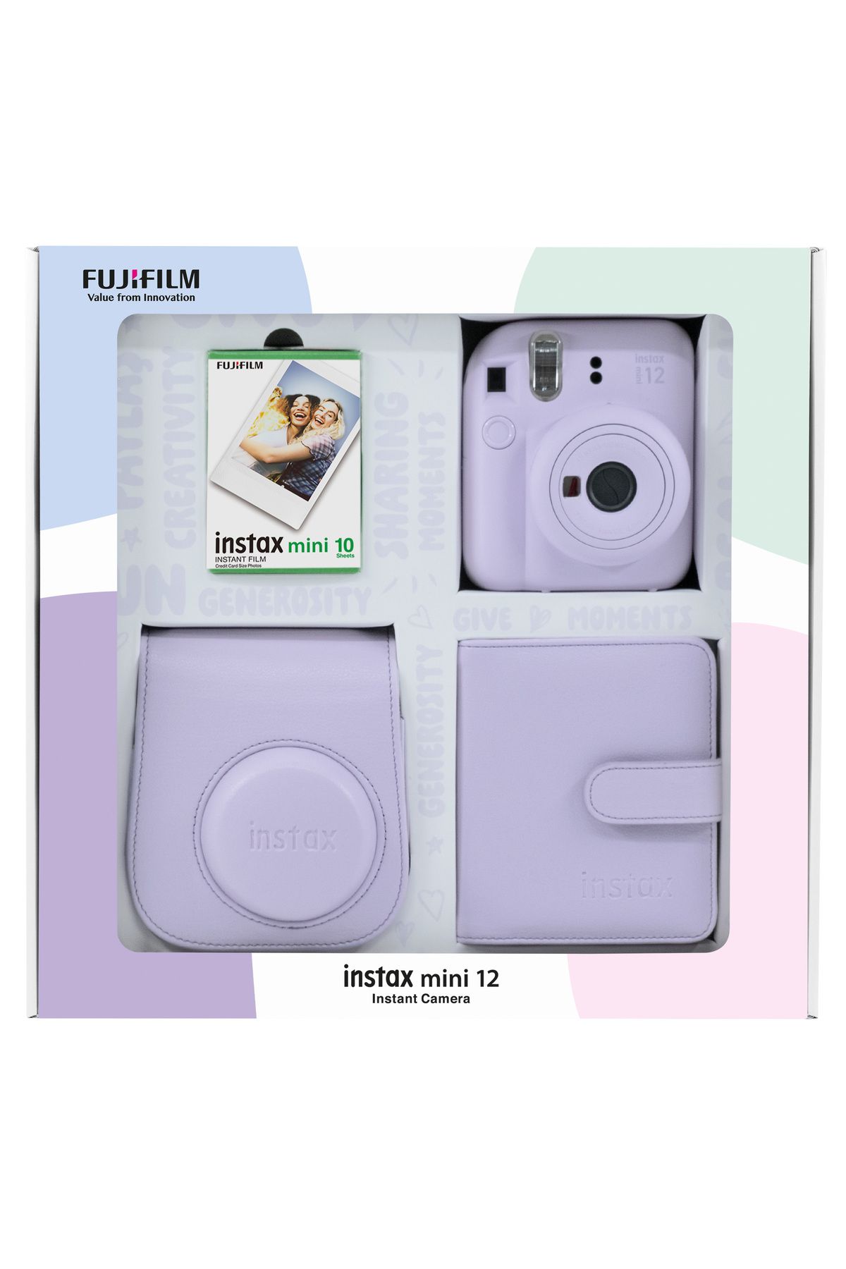 Fujifilm Instax mini 12 Lila Fotoğraf Makinesi 10'lu Film Kare Albüm ve Deri Kılıf Bundle Box